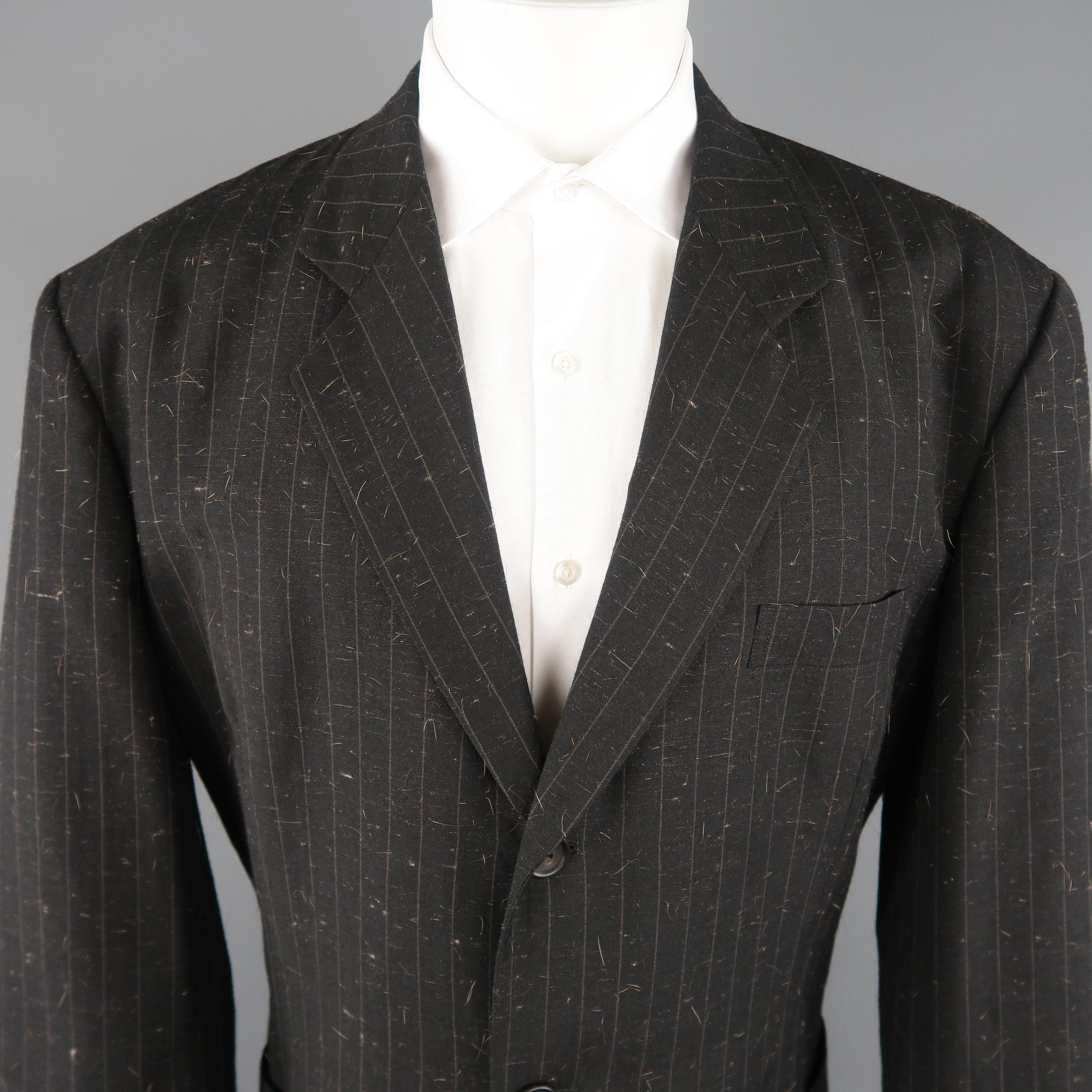 Black YOHJI YAMAMOTO M Charcoal Textured Wool Blend Striped Notch Lapel Suit