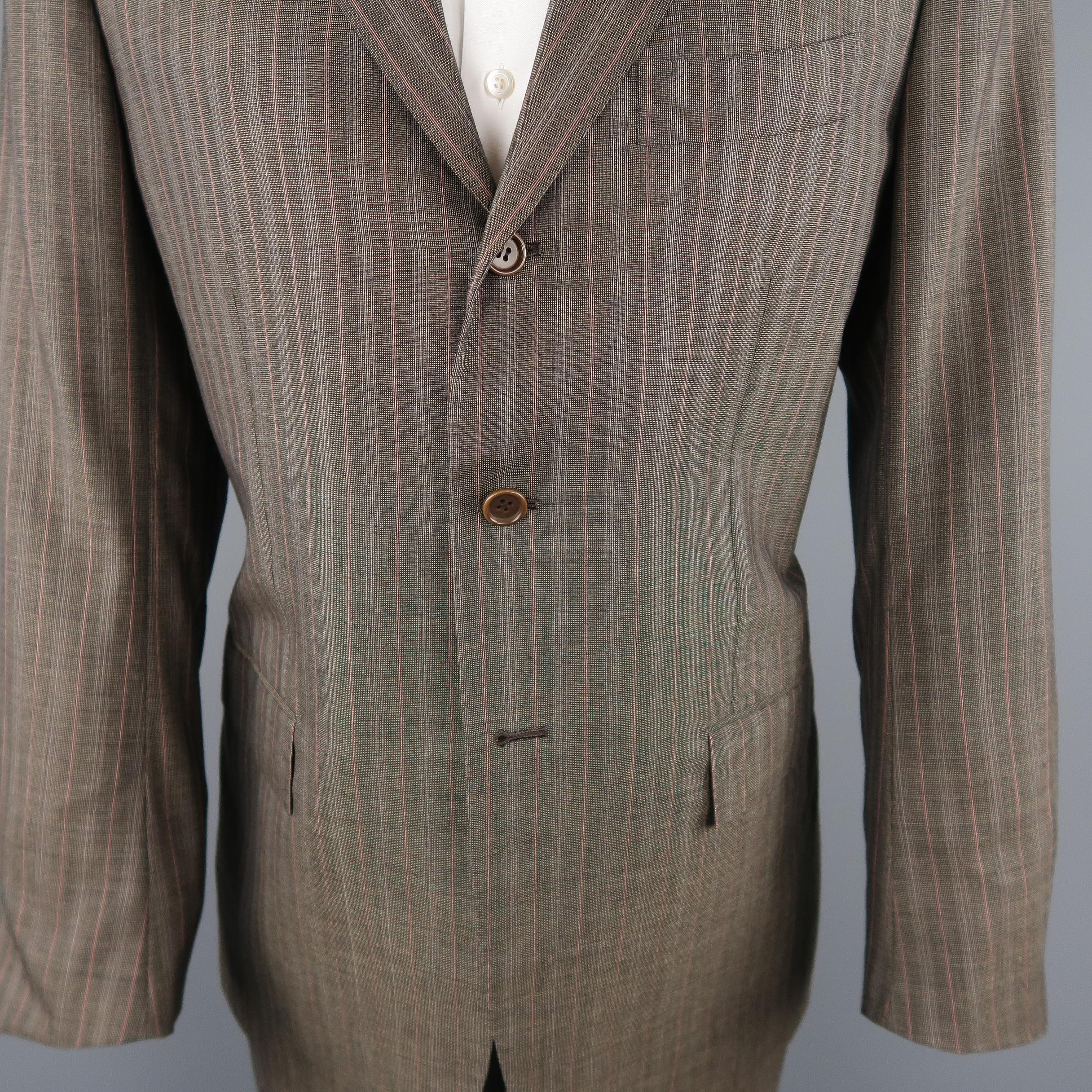 Black KITON 42 Regular Brown & Orange Pinstripe Cashmere 3 Button Notch Lapel Suit