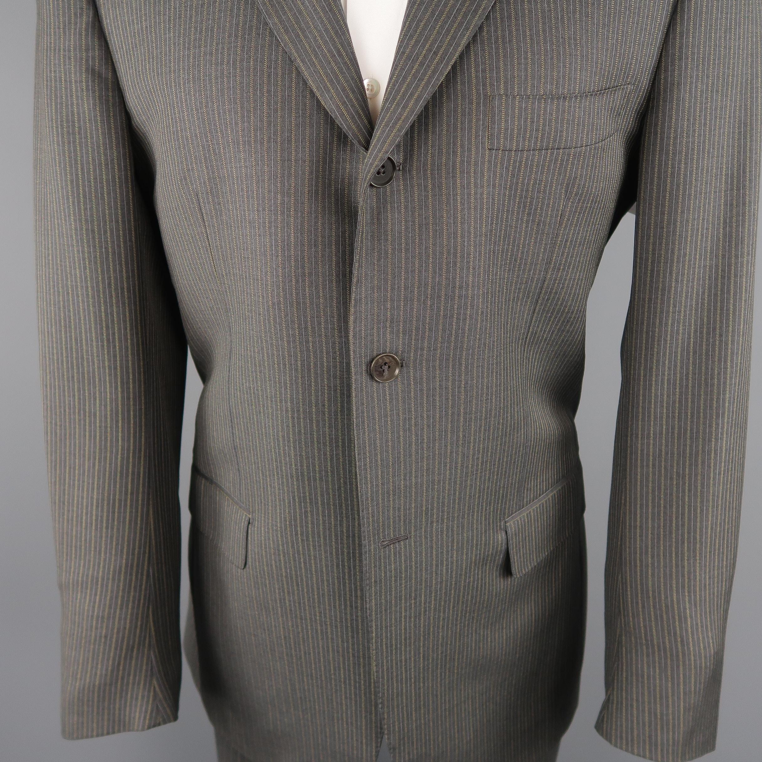 Black ISAIA 42 Regular Gray & Gold Pintripe Wool 3 Button Notch Lapel Suit