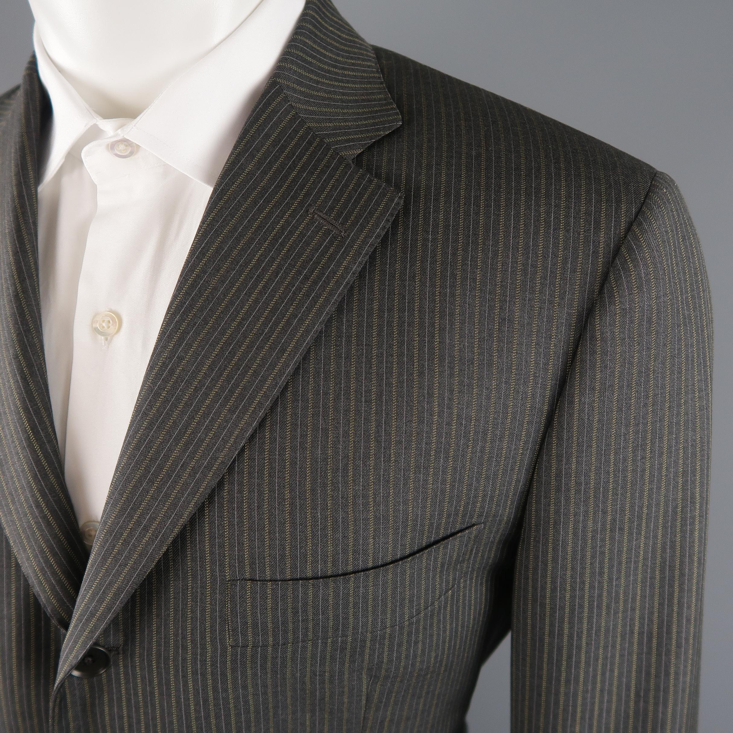 ISAIA 42 Regular Gray & Gold Pintripe Wool 3 Button Notch Lapel Suit In Good Condition In San Francisco, CA