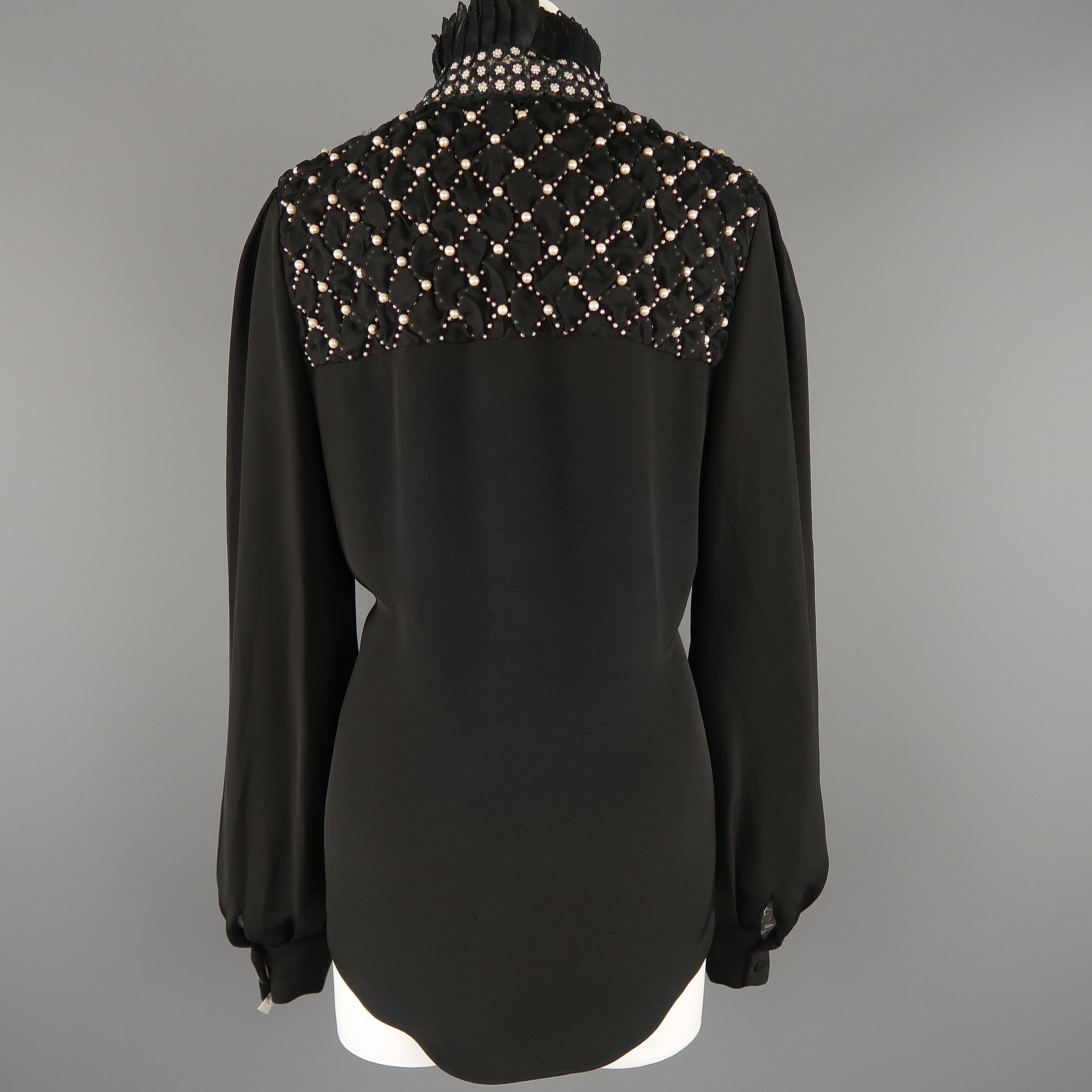 ALEXANDER MCQUEEN Size 12 Black Silk High Collar Quilted Pearl Stud Blouse 5