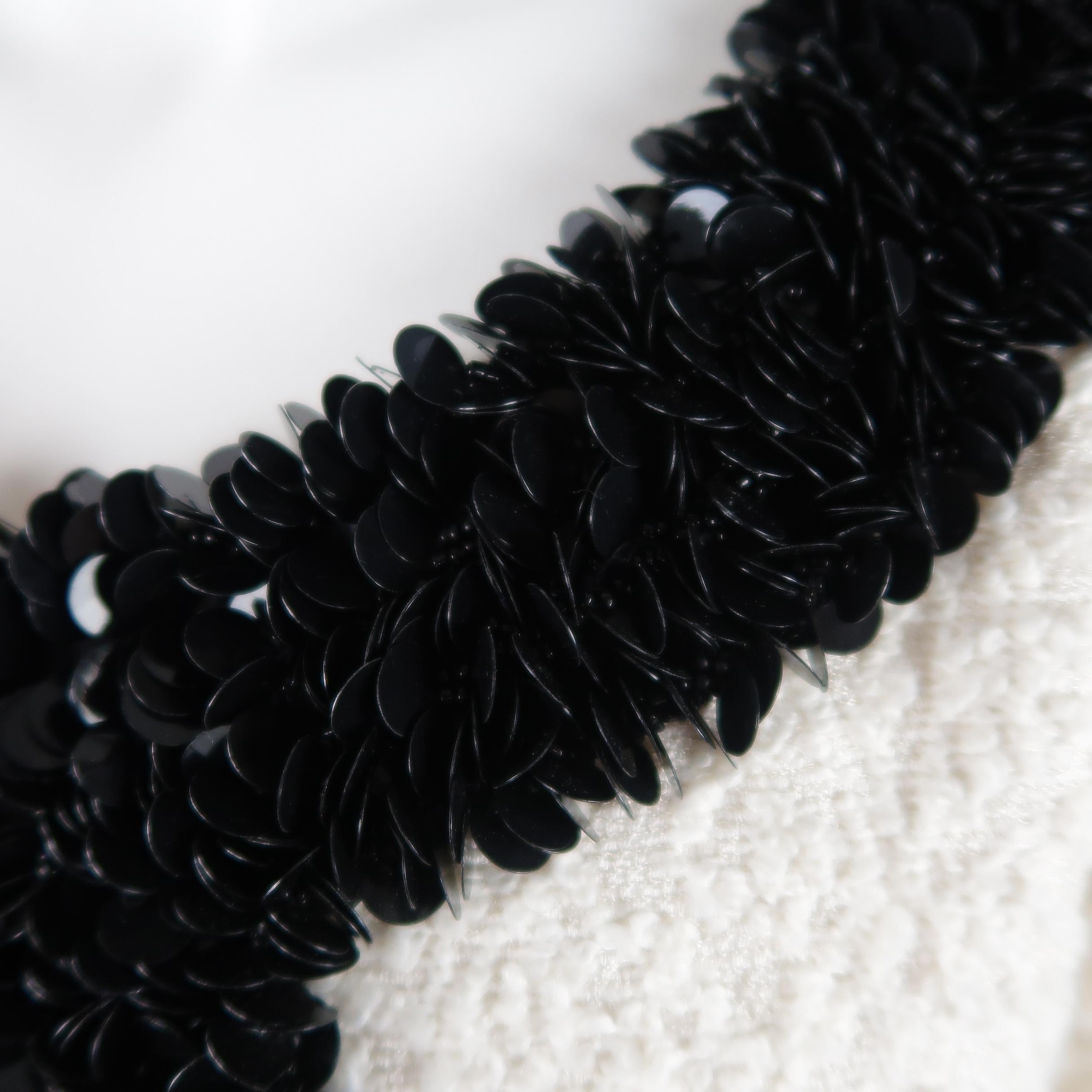 White GIAMBATTISTA VALLI Size L Cream Textured Black Sequin Paillette Trim Jacket