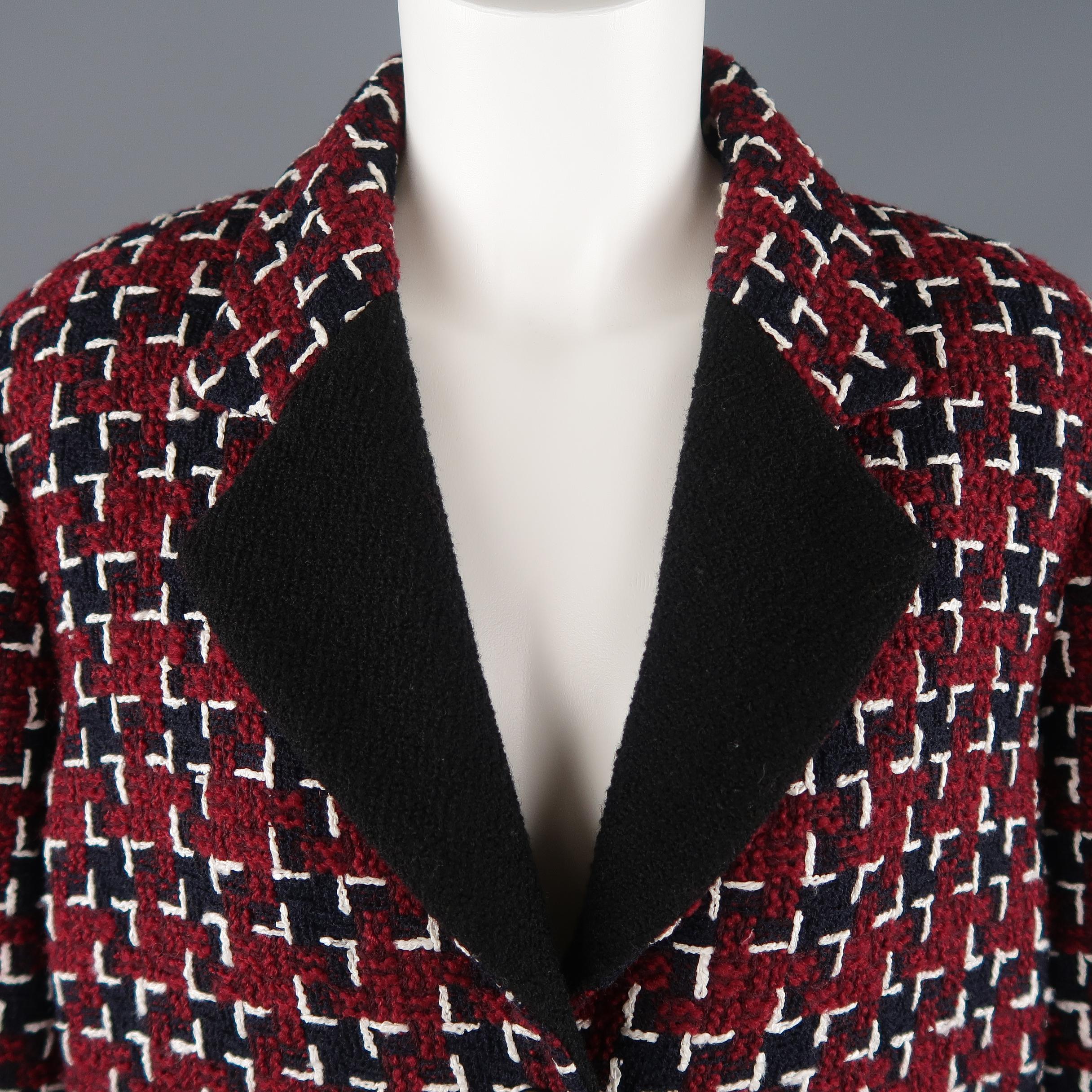 CHANEL Size 12 Burgundy & Navy Tweed Black Collar Fall 2015 Jacket In Excellent Condition In San Francisco, CA