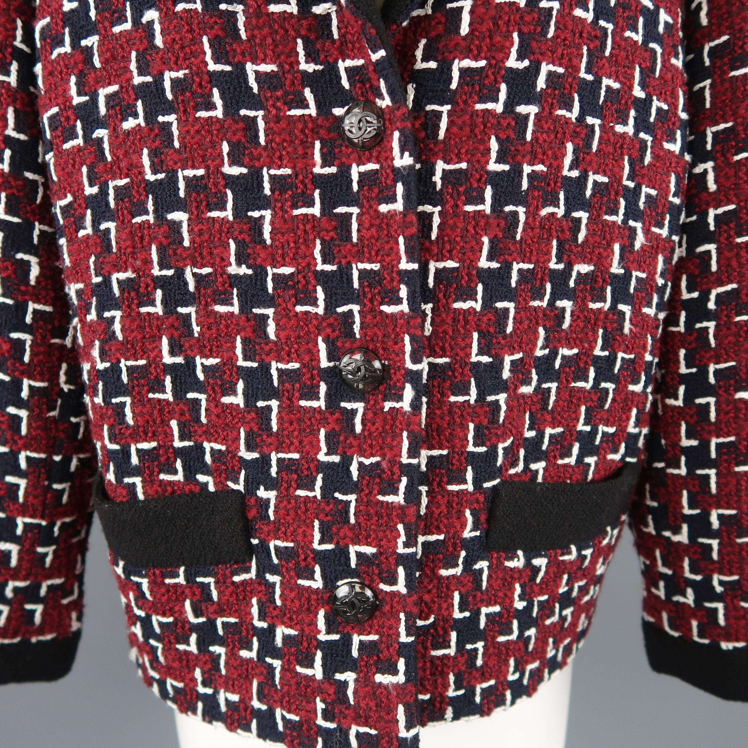CHANEL Size 12 Burgundy & Navy Tweed Black Collar Fall 2015 Jacket 1