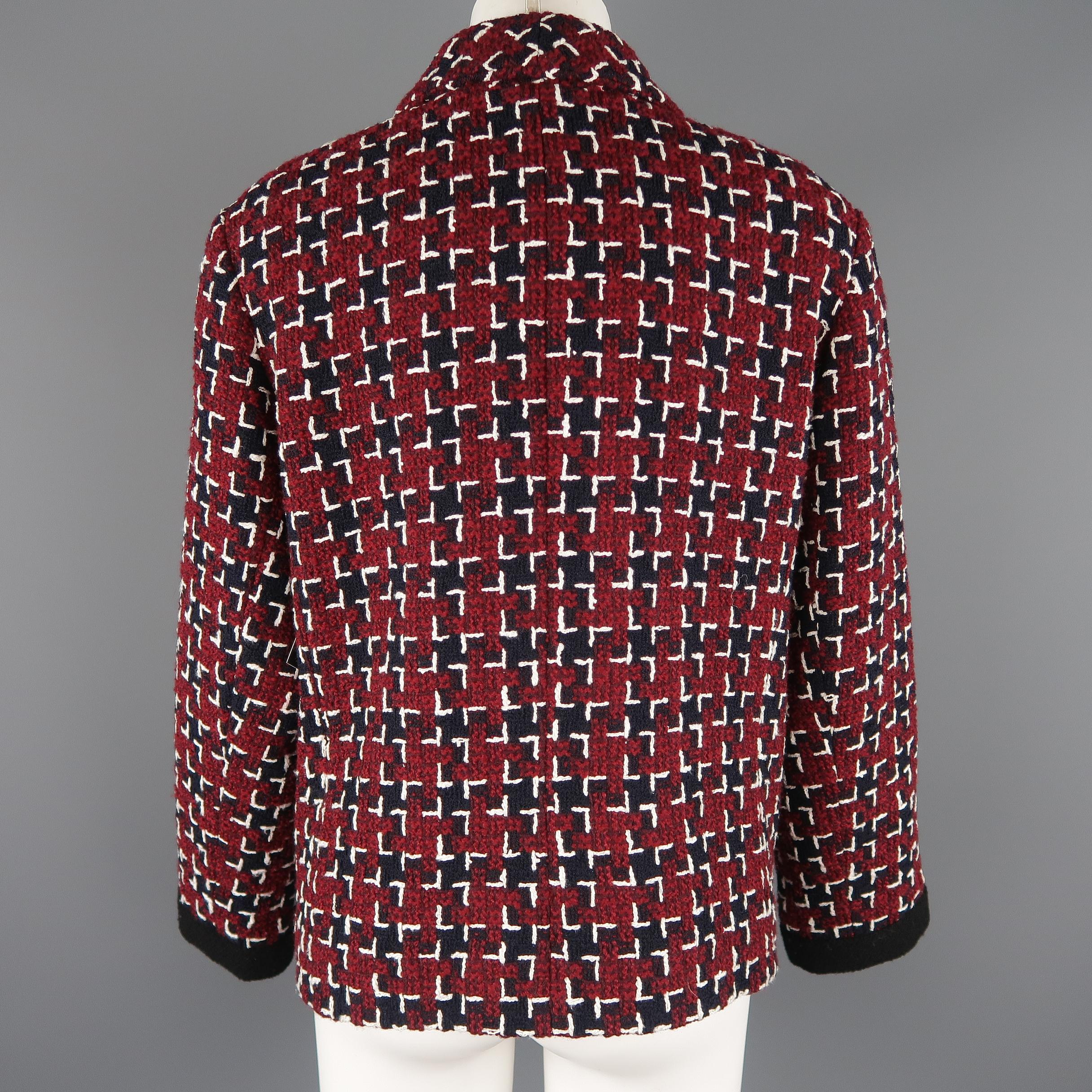 CHANEL Size 12 Burgundy & Navy Tweed Black Collar Fall 2015 Jacket 5