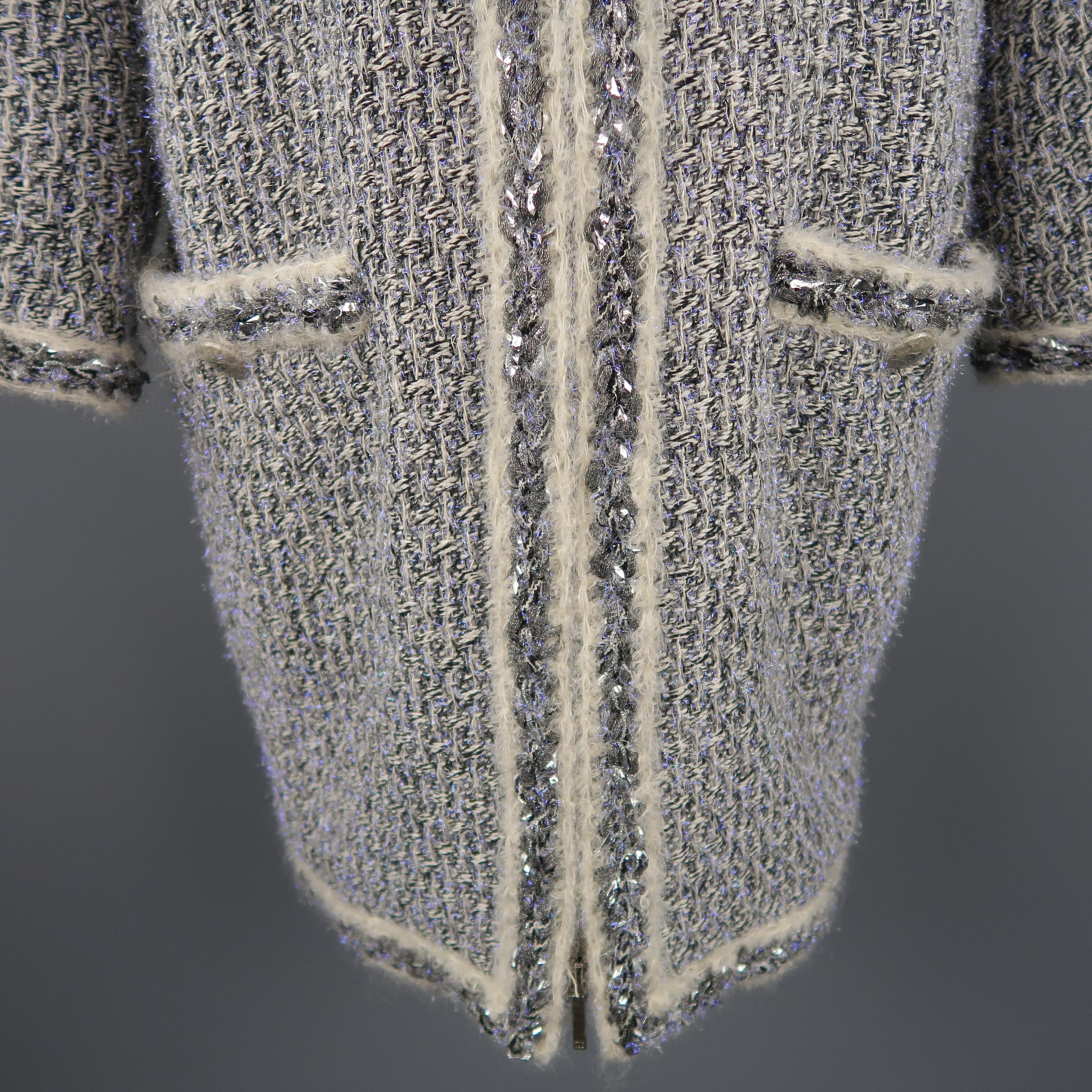 CHANEL Size 14 Fall 2014 Supermarket Cream & Black Lavender Tinsel Tweed Coat In Excellent Condition In San Francisco, CA