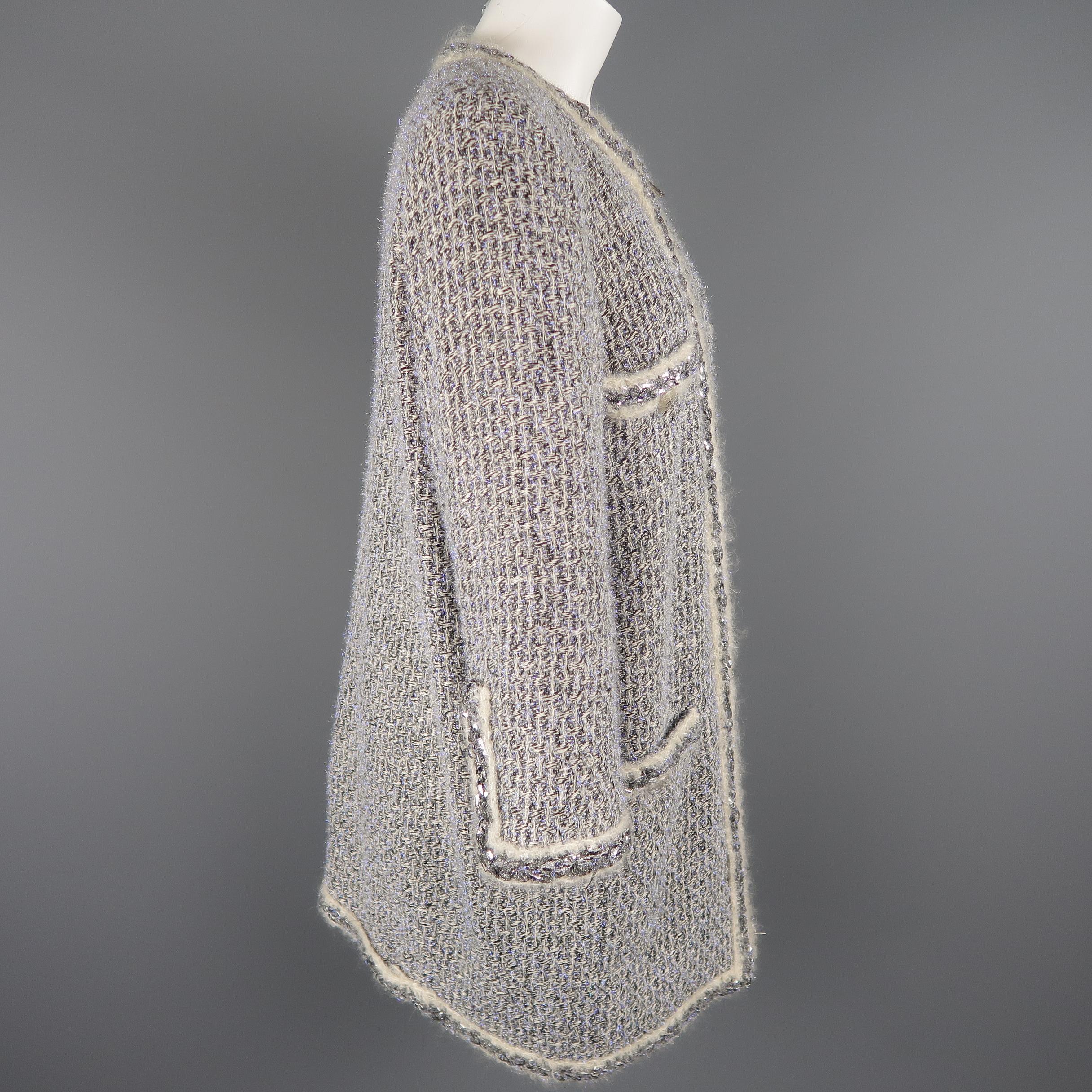 CHANEL Size 14 Fall 2014 Supermarket Cream & Black Lavender Tinsel Tweed Coat 2