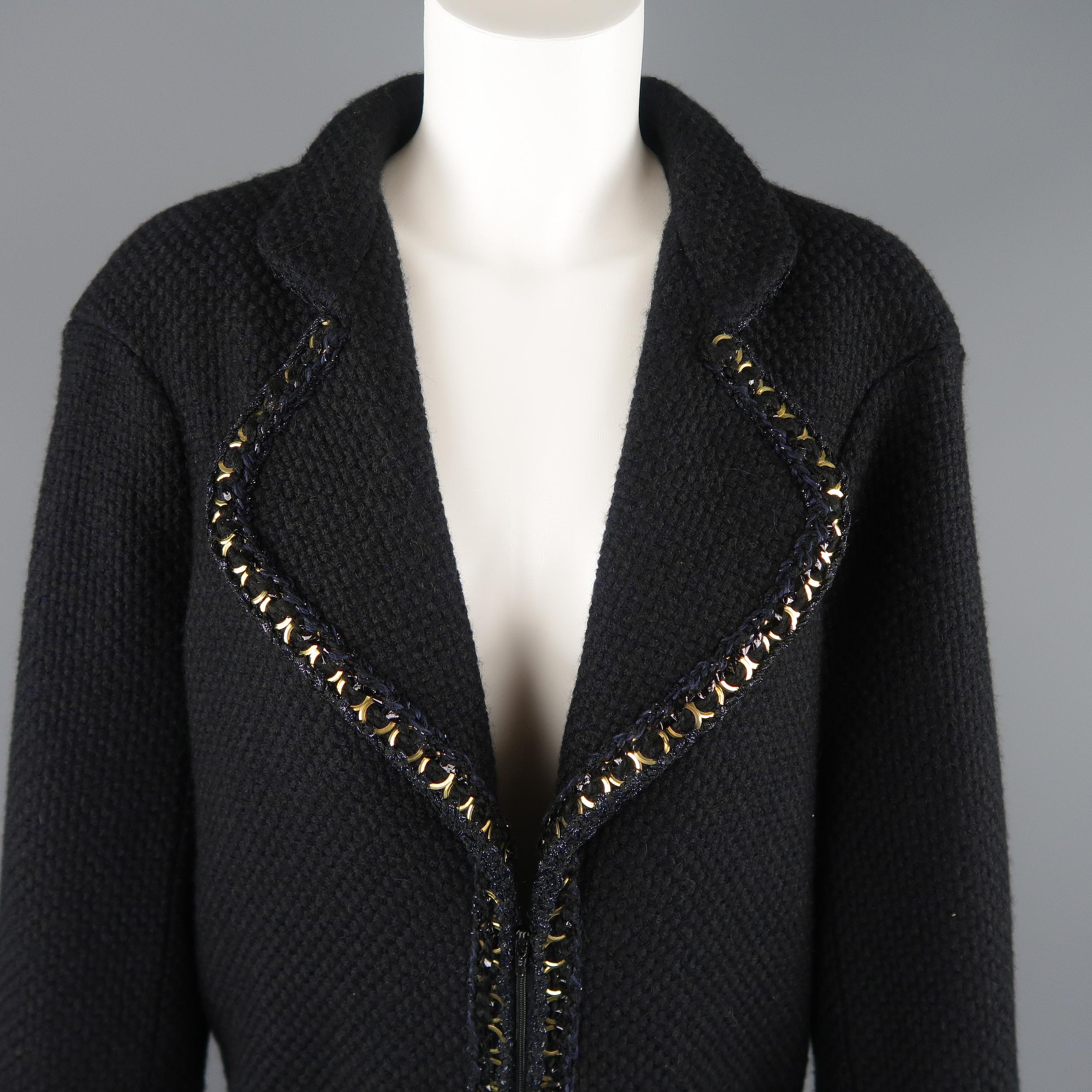 Black CHANEL Size 12 Navy Woven Alpaca Blend Tweed Gold Chain Trim Salzburg Coat 