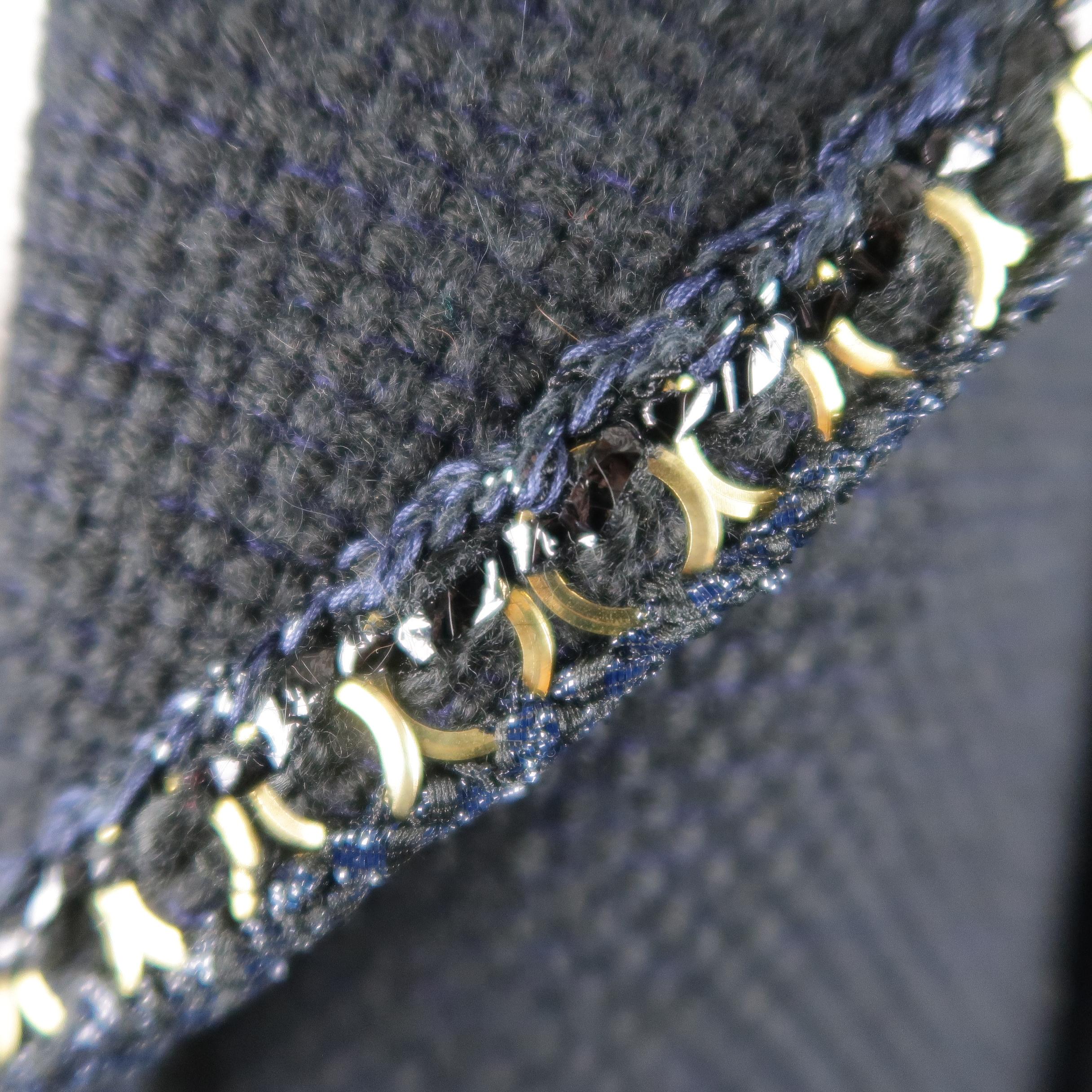 Women's CHANEL Size 12 Navy Woven Alpaca Blend Tweed Gold Chain Trim Salzburg Coat 