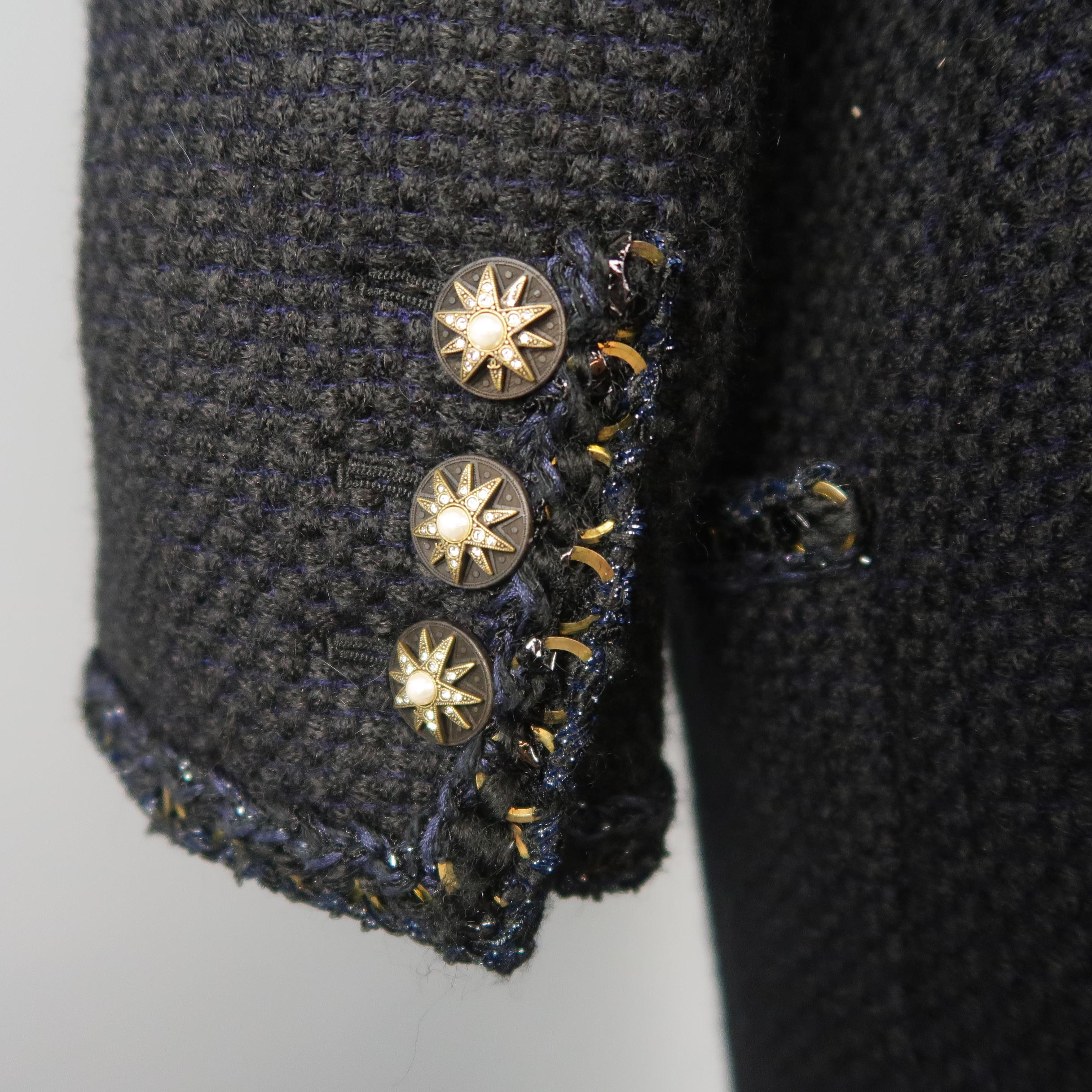 CHANEL Size 12 Navy Woven Alpaca Blend Tweed Gold Chain Trim Salzburg Coat  7
