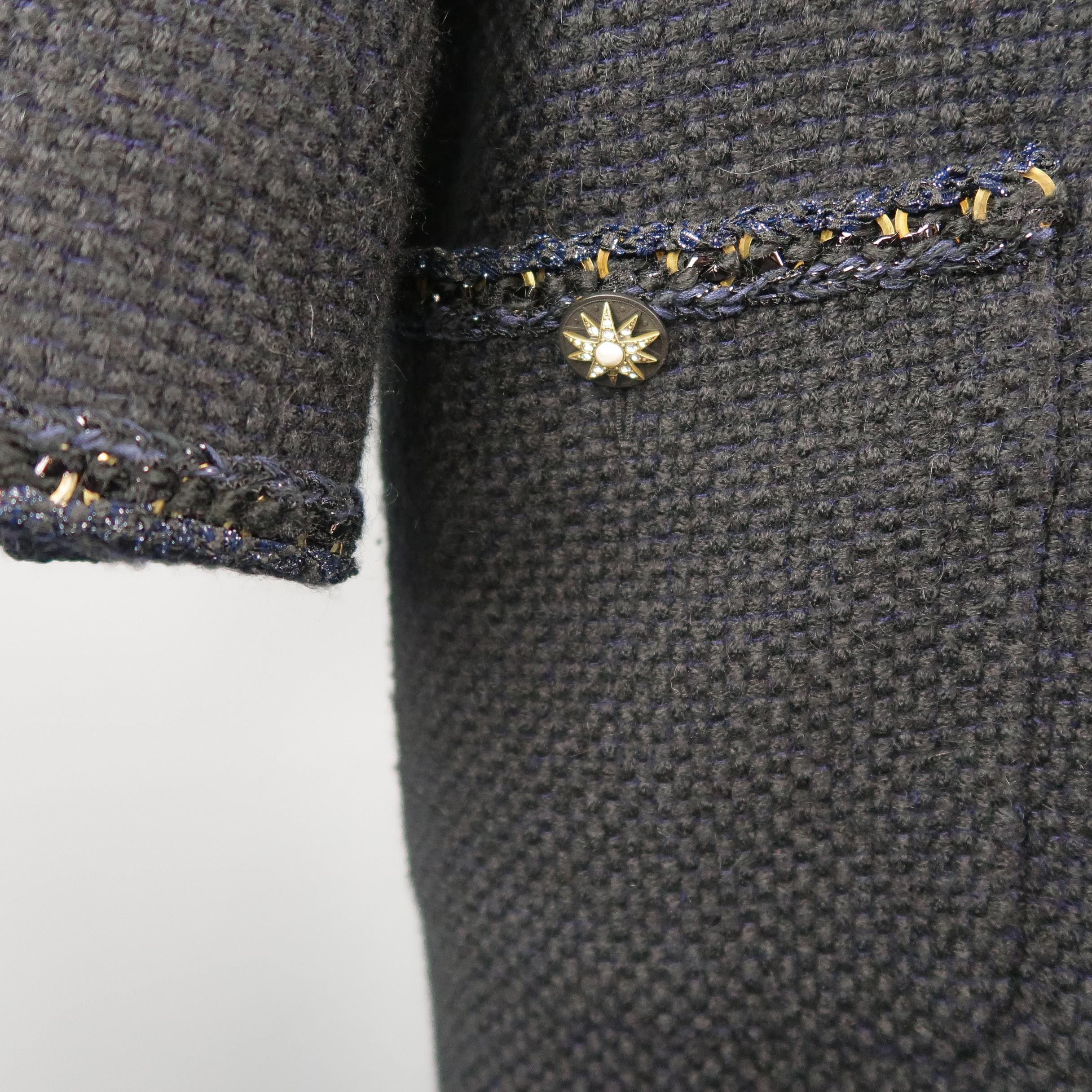 CHANEL Size 12 Navy Woven Alpaca Blend Tweed Gold Chain Trim Salzburg Coat  2