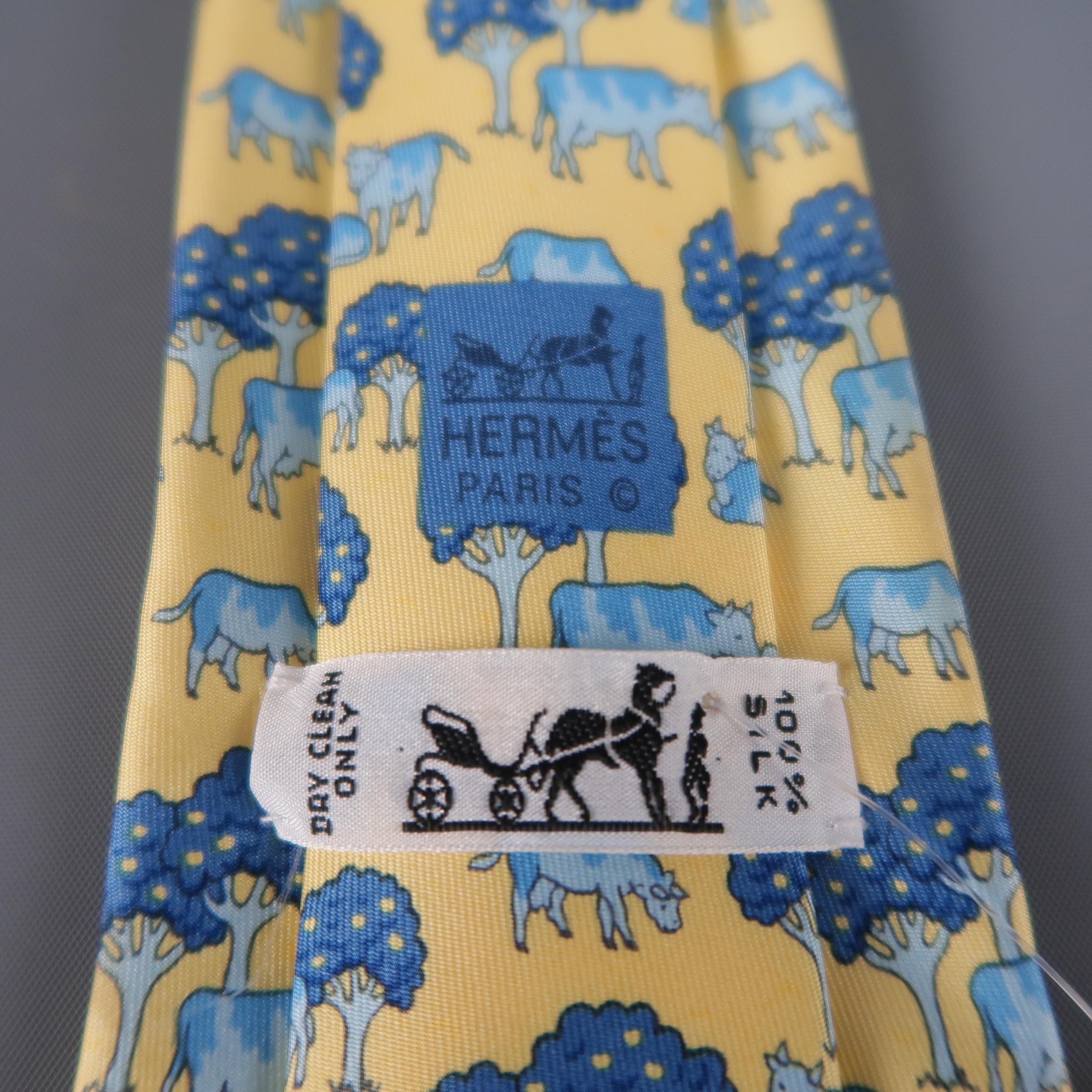 Beige HERMES Yellow & Blue Cow & Tree Print Silk Tie
