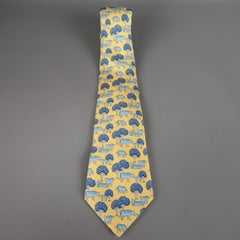 HERMES Yellow & Blue Cow & Tree Print Silk Tie