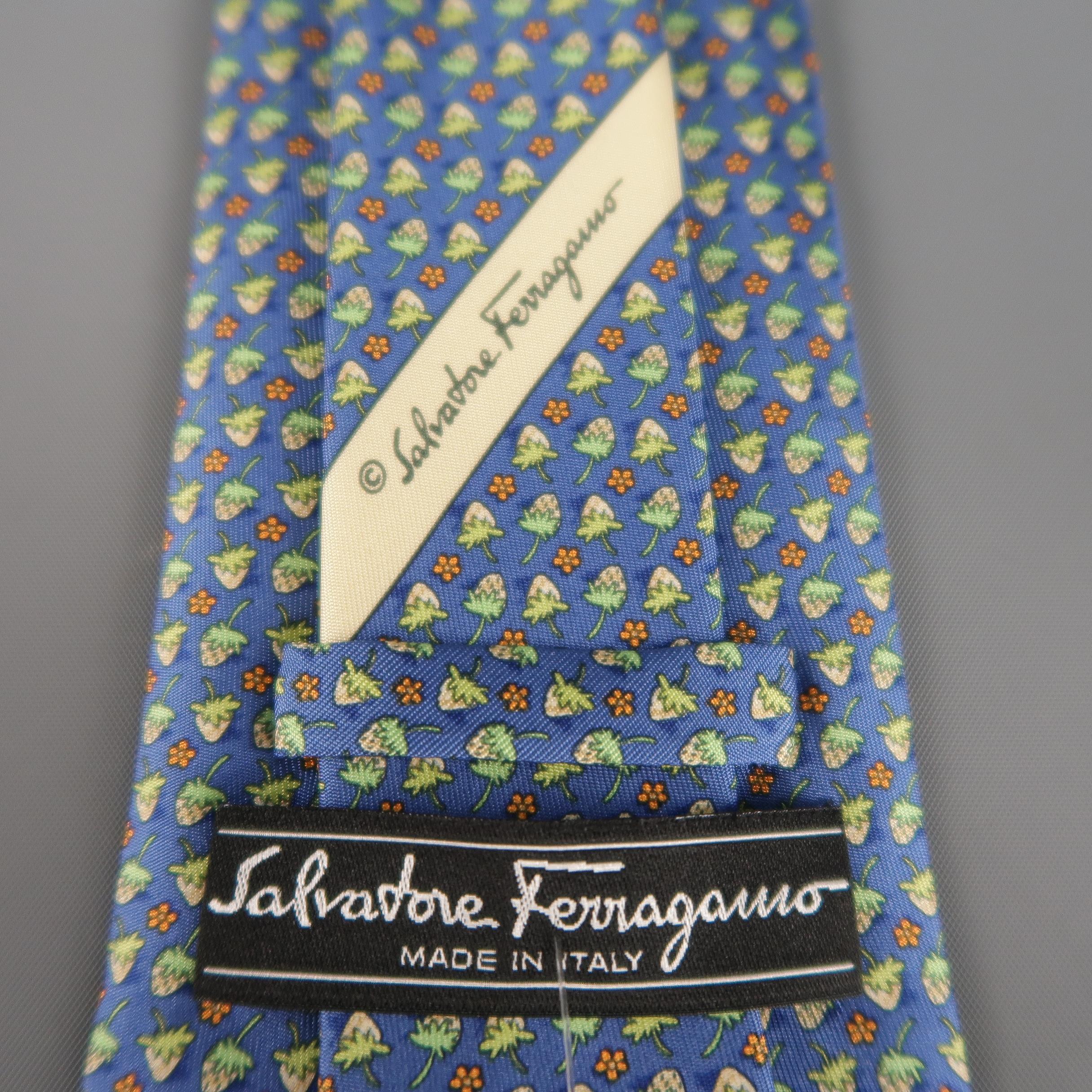 SALVATORE FERRAGAMO Blue & Green Strawberry Print Silk Tie In Excellent Condition In San Francisco, CA