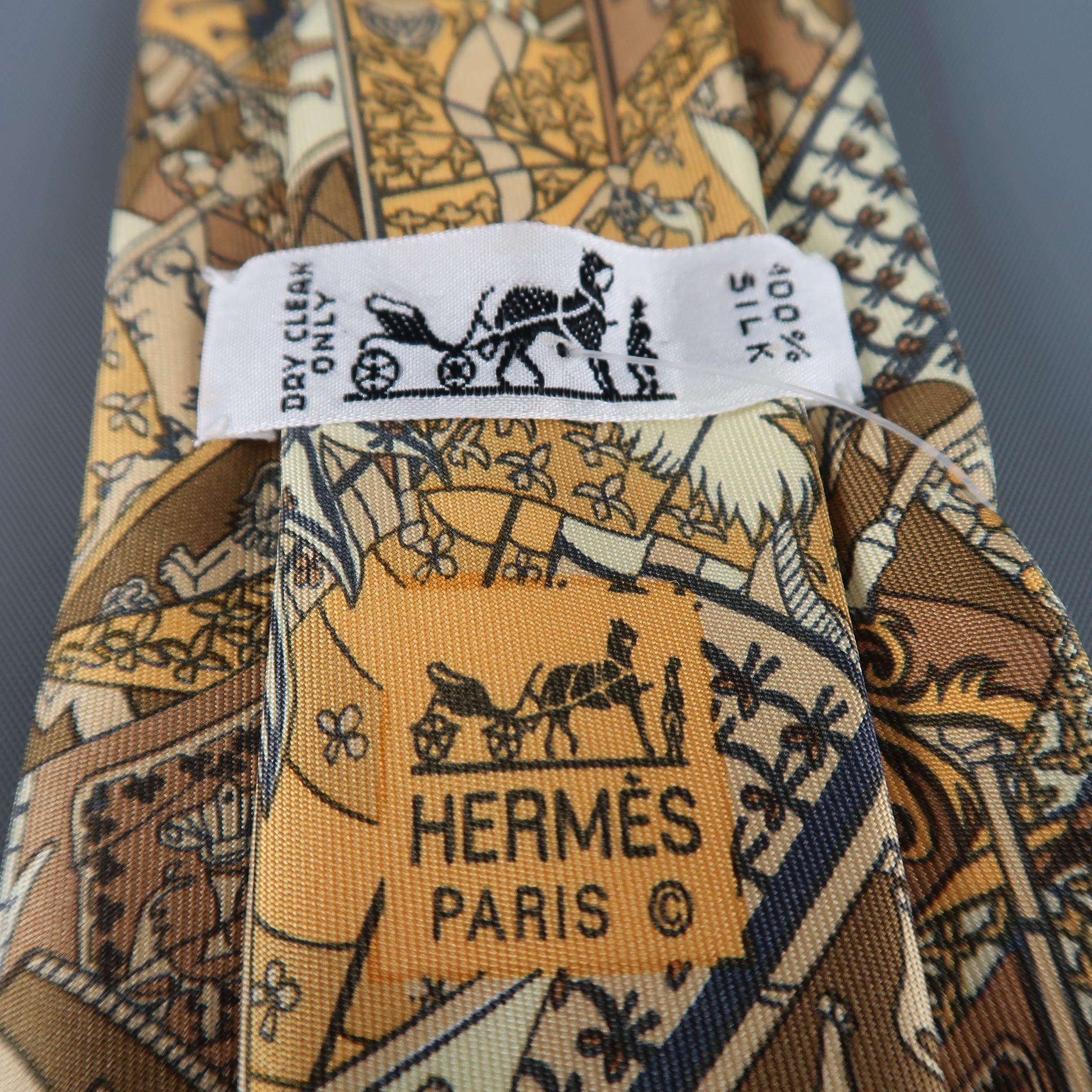 HERMES Gold XV Century Print Silk Tie In Excellent Condition In San Francisco, CA