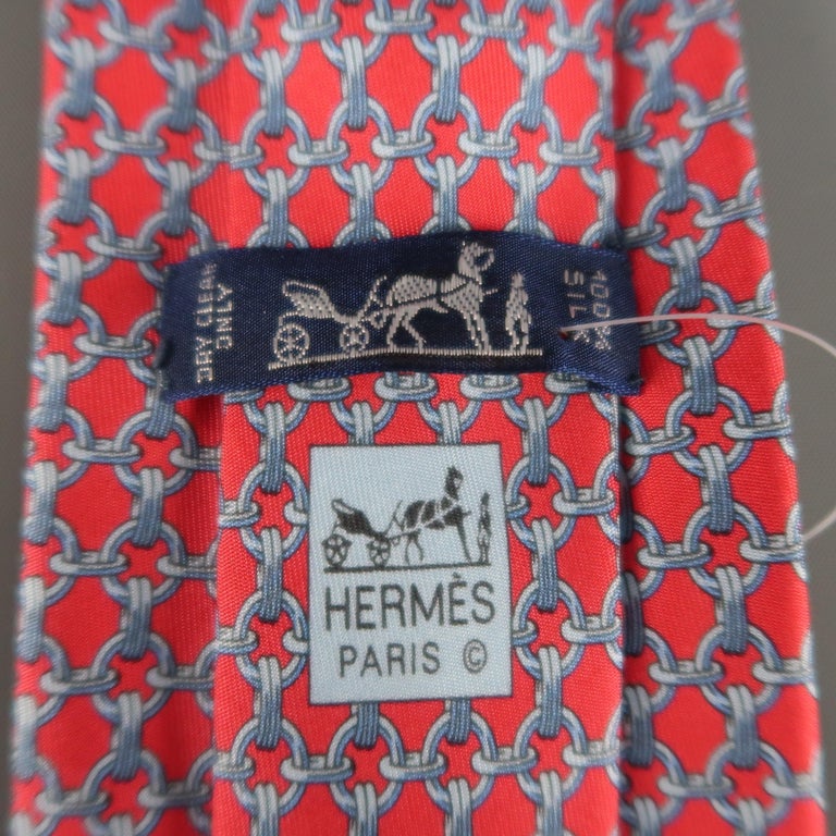 HERMES Red and Blue Chain Print Silk Tie at 1stDibs