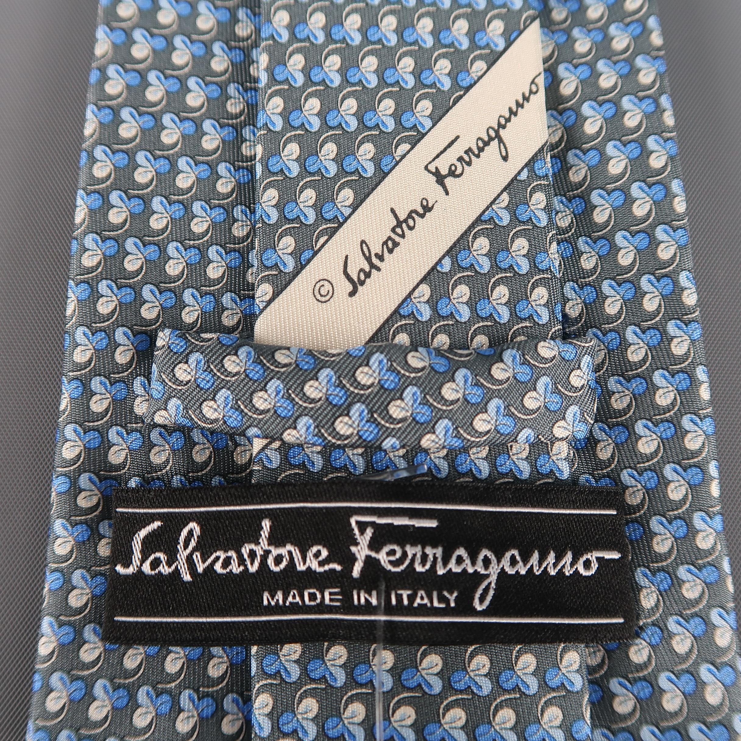 SALVATORE FERRAGAMO Grey & Blue Shamrock Print Silk Tie In Excellent Condition In San Francisco, CA