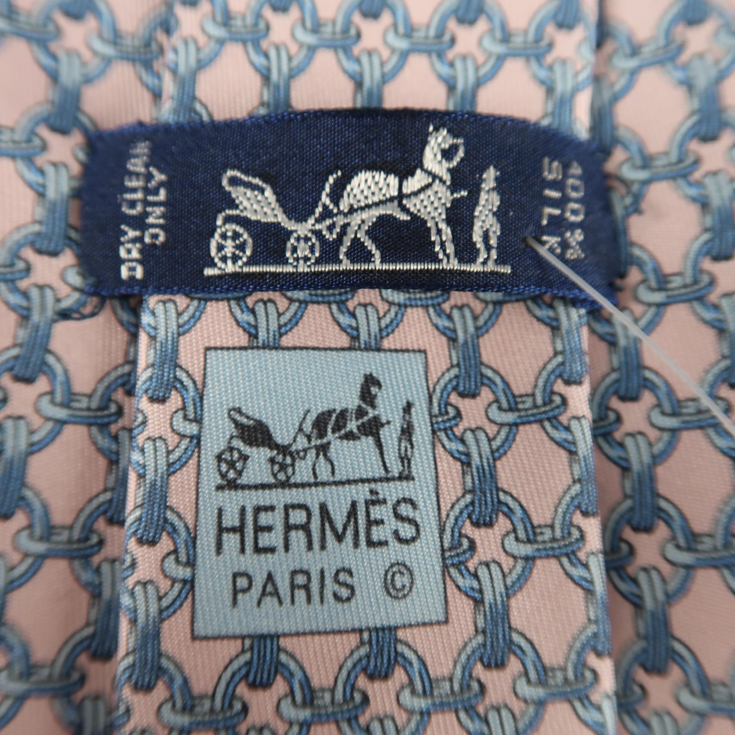 Gray HERMES Pink & Blue Chain Print Silk Tie with Box