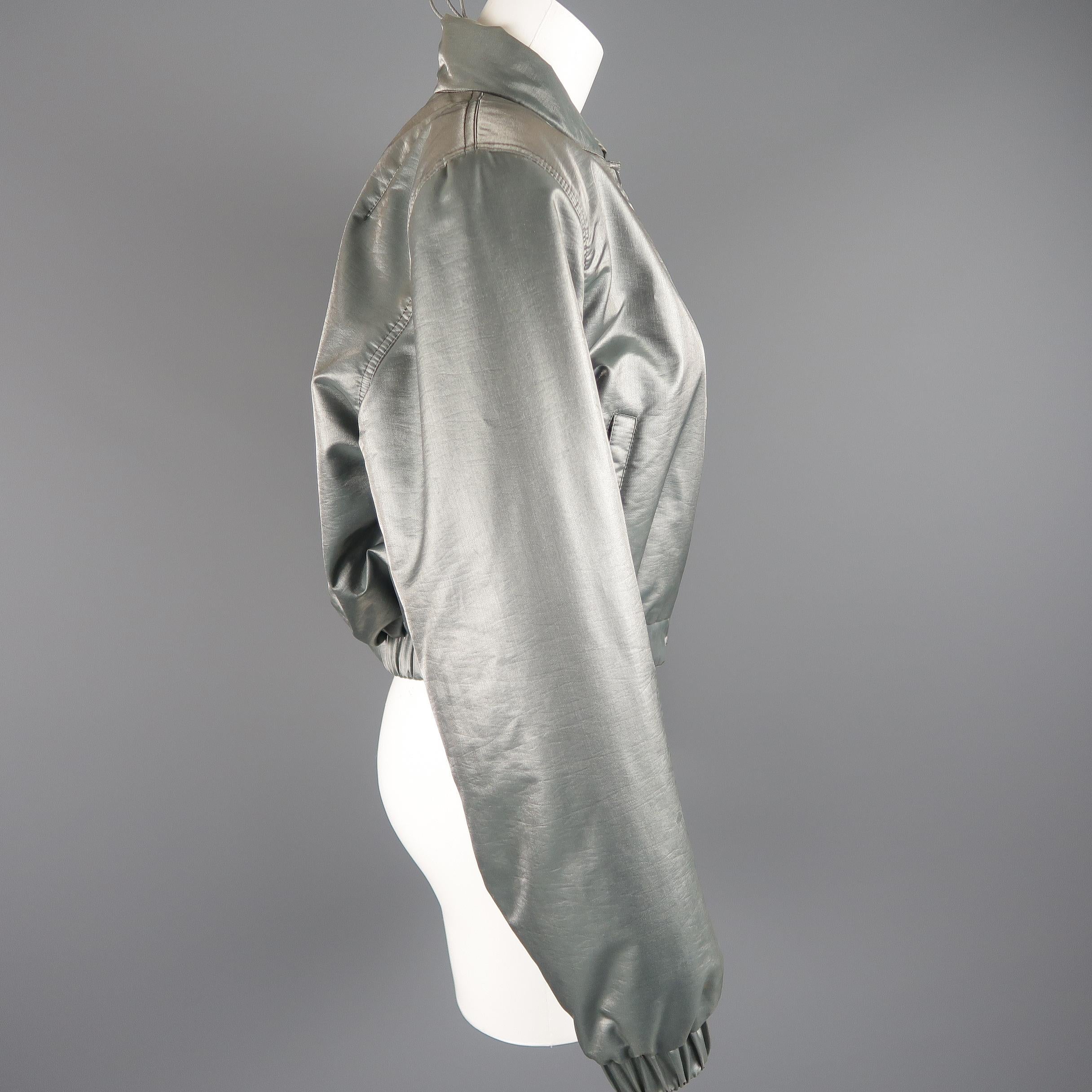 Women's CLAUDE MONTANA Size 6 Metallic Teal Grey Taffeta Cropped Bomber Jacket