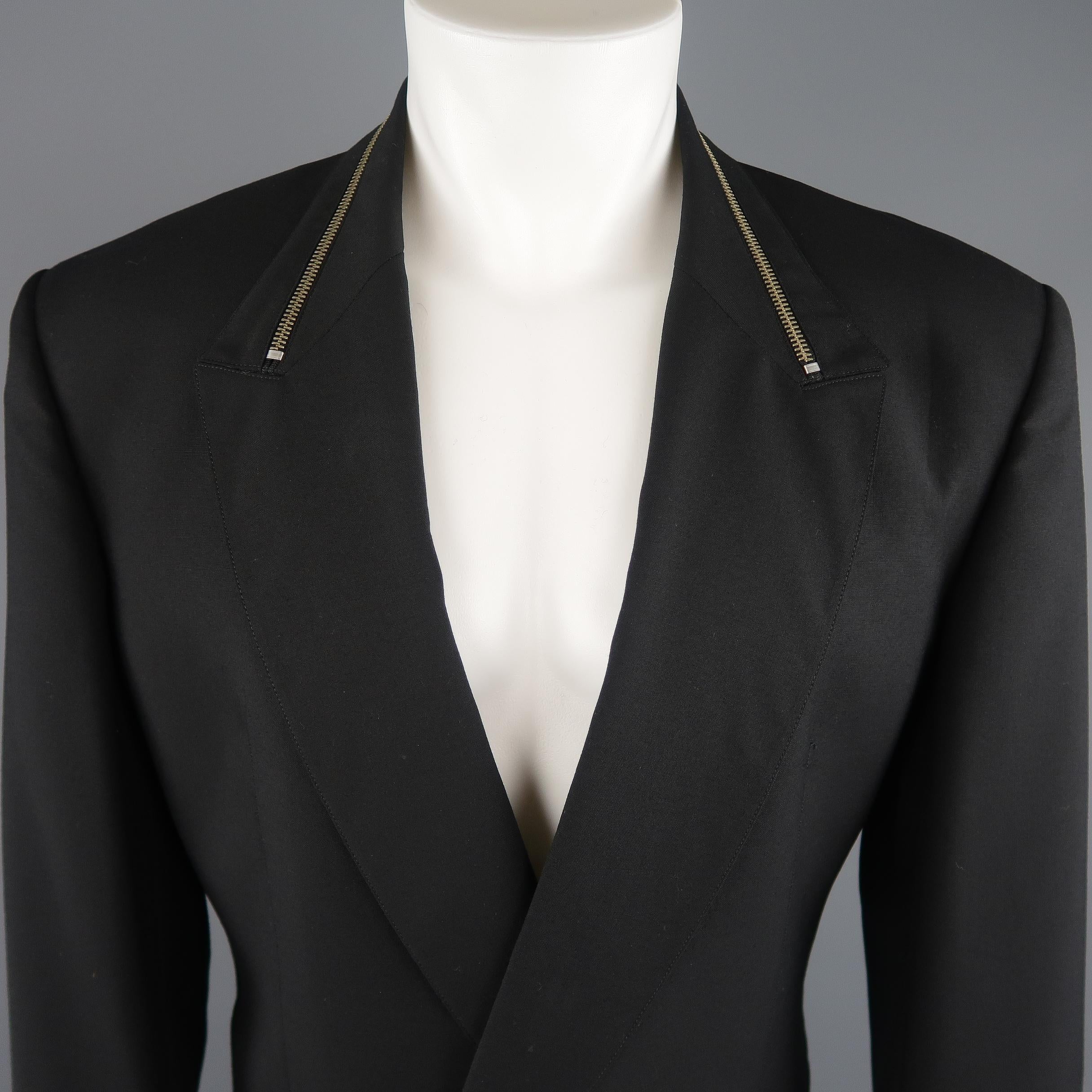 Vintage CLAUDE MONTANA sport coat comes in black wool with a zipper accented peak lapel, double breasted front, and silver tone metal buttons.  Made in Italy.
 
Good Pre-Owned Condition.
Marked: (no size)
 
Measurements:
 
Shoulder: 19 in.
Chest: 44