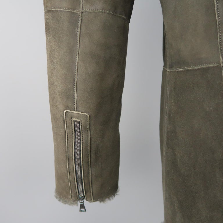 JOHN VARVATOS 40 Olive Grren Shearling Band Collar Zip Coat at 1stDibs