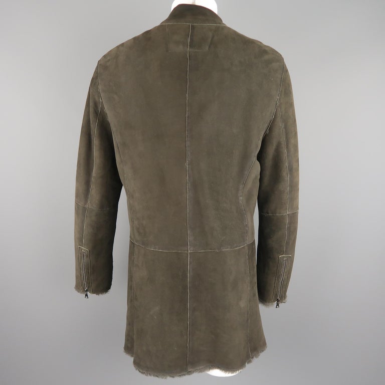JOHN VARVATOS 40 Olive Grren Shearling Band Collar Zip Coat at 1stDibs