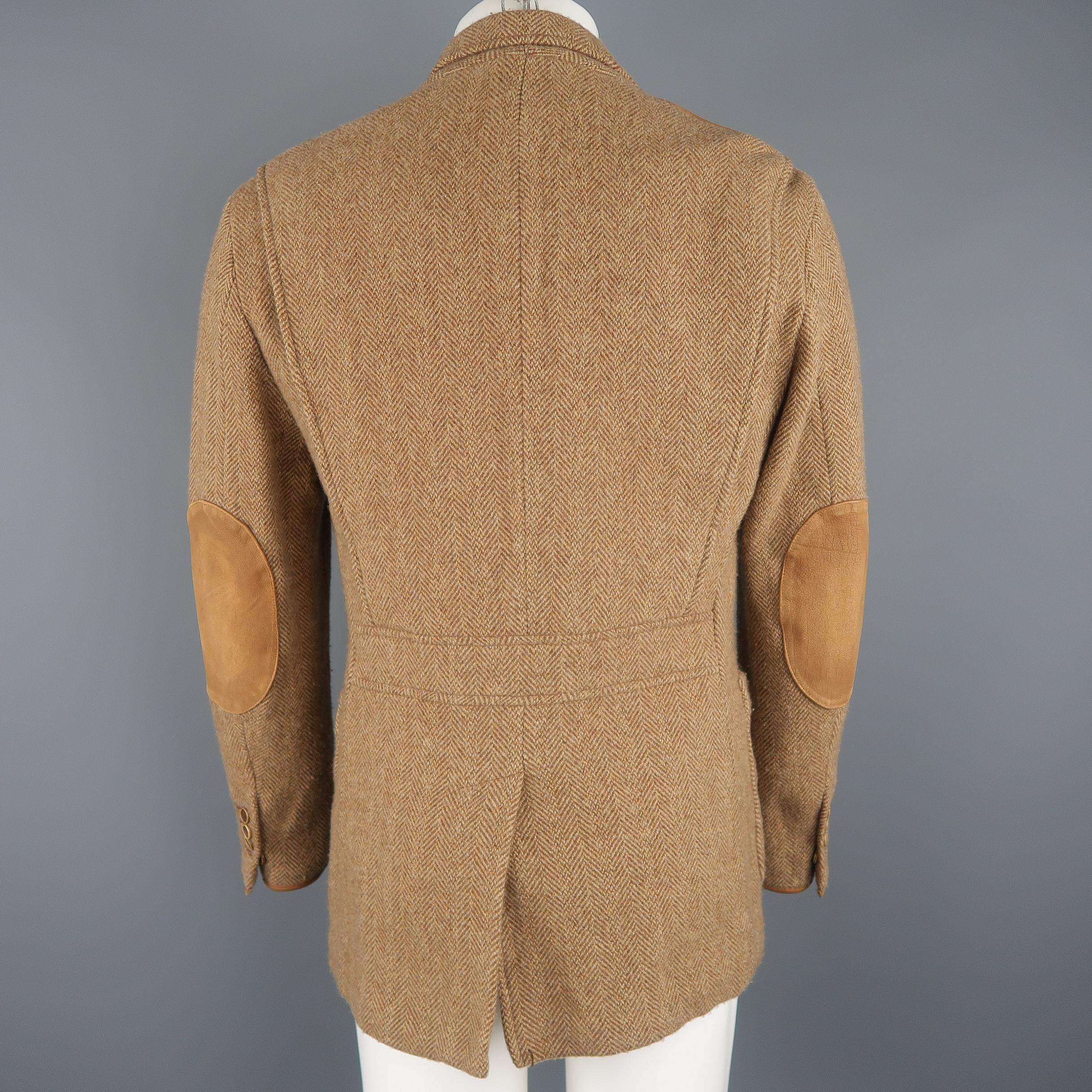 Men's RALPH LAUREN 38 Tan Herringbone Tweed Wool Suede Elbow Pad Jacket
