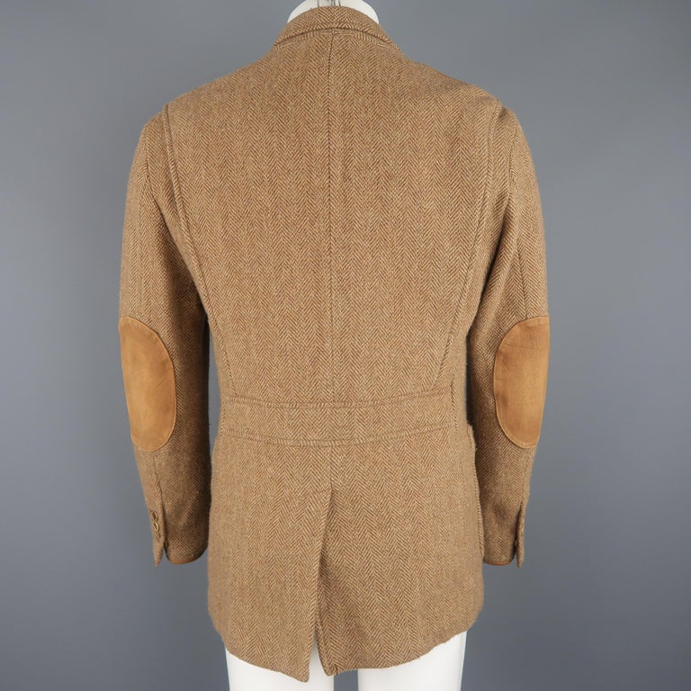 RALPH LAUREN 38 Tan Herringbone Tweed Wool Suede Elbow Pad Jacket at