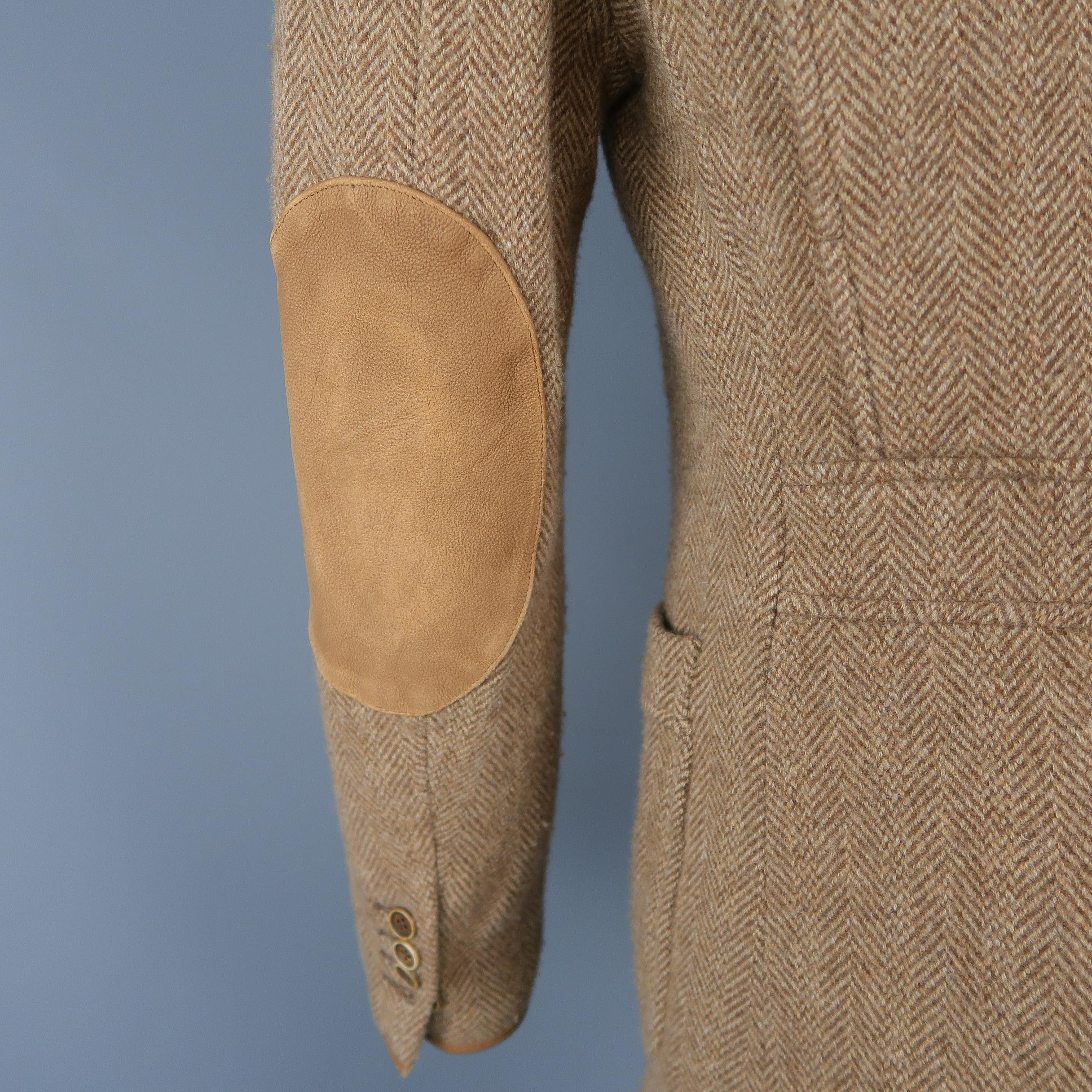RALPH LAUREN 38 Tan Herringbone Tweed Wool Suede Elbow Pad Jacket In Good Condition In San Francisco, CA