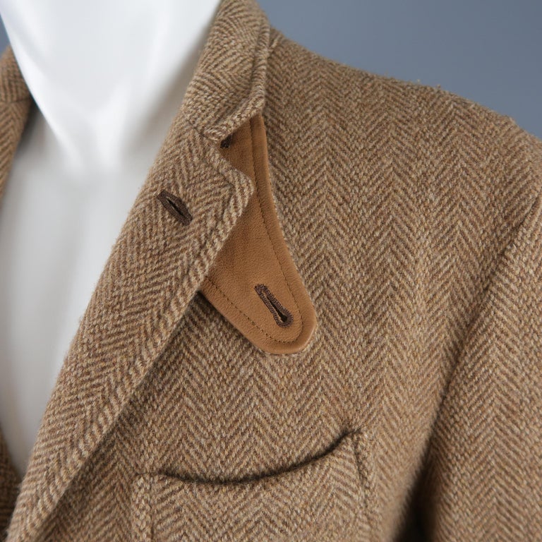 RALPH LAUREN 38 Tan Herringbone Tweed Wool Suede Elbow Pad Jacket at