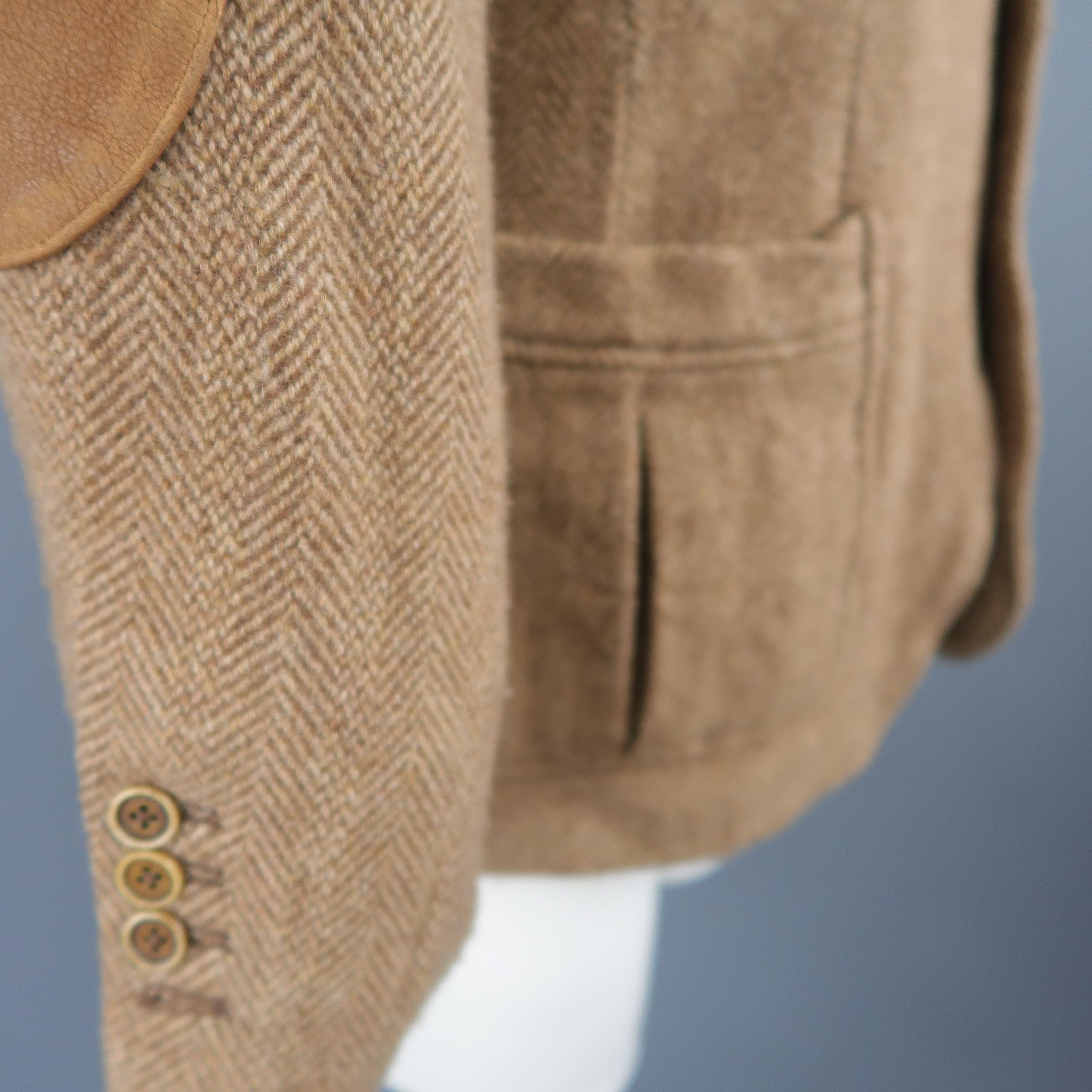 Brown RALPH LAUREN 38 Tan Herringbone Tweed Wool Suede Elbow Pad Jacket