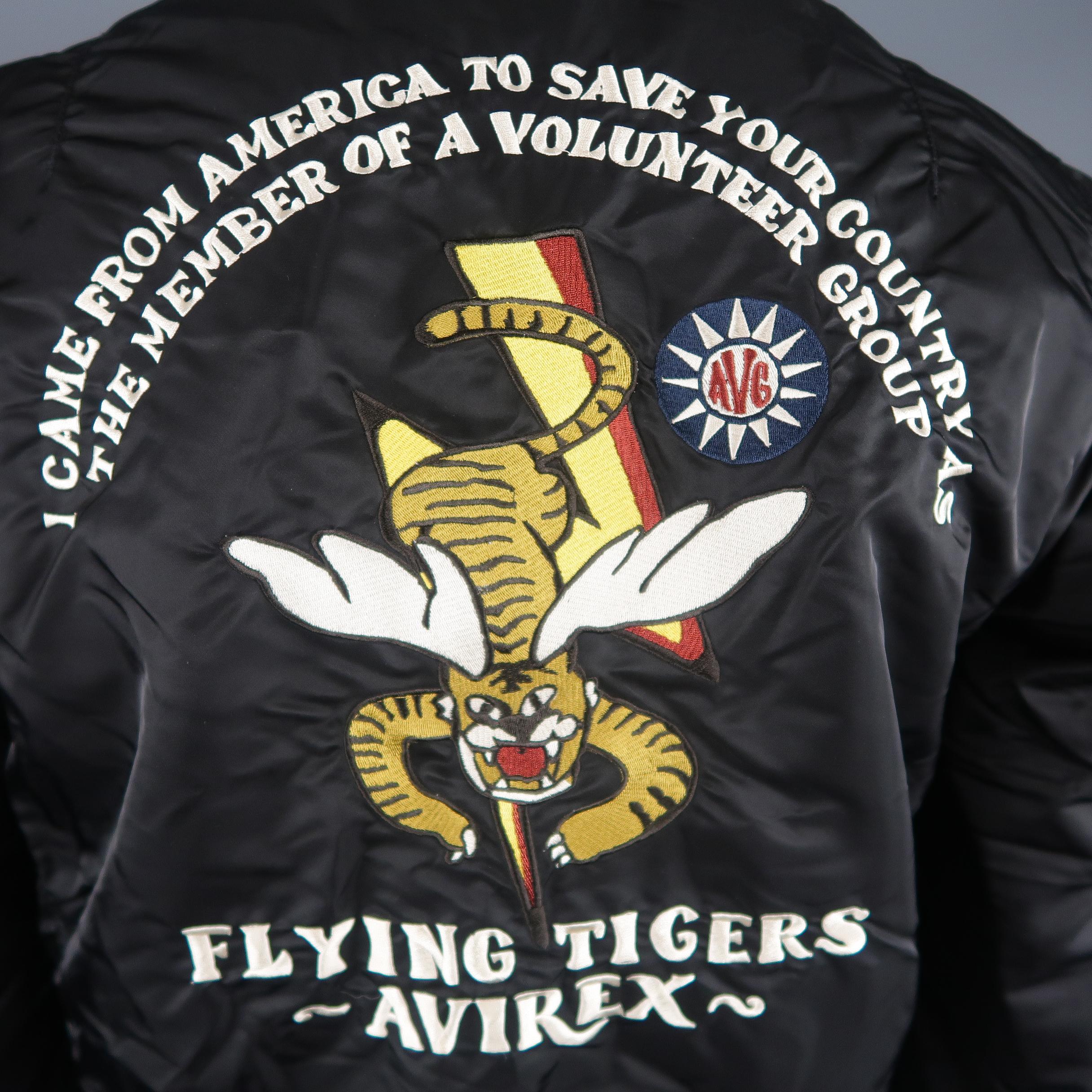 Men's AVIREX Size XL Black Nylon Flying Tigers Patches Bomber Flight Jacket