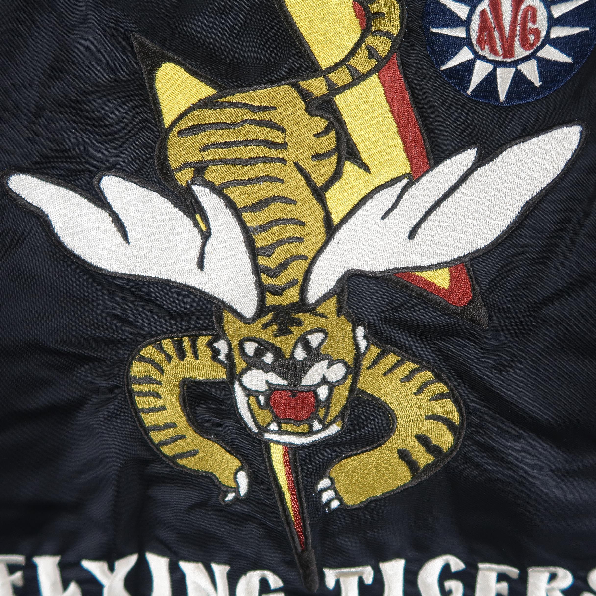 AVIREX Size XL Black Nylon Flying Tigers Patches Bomber Flight Jacket 1