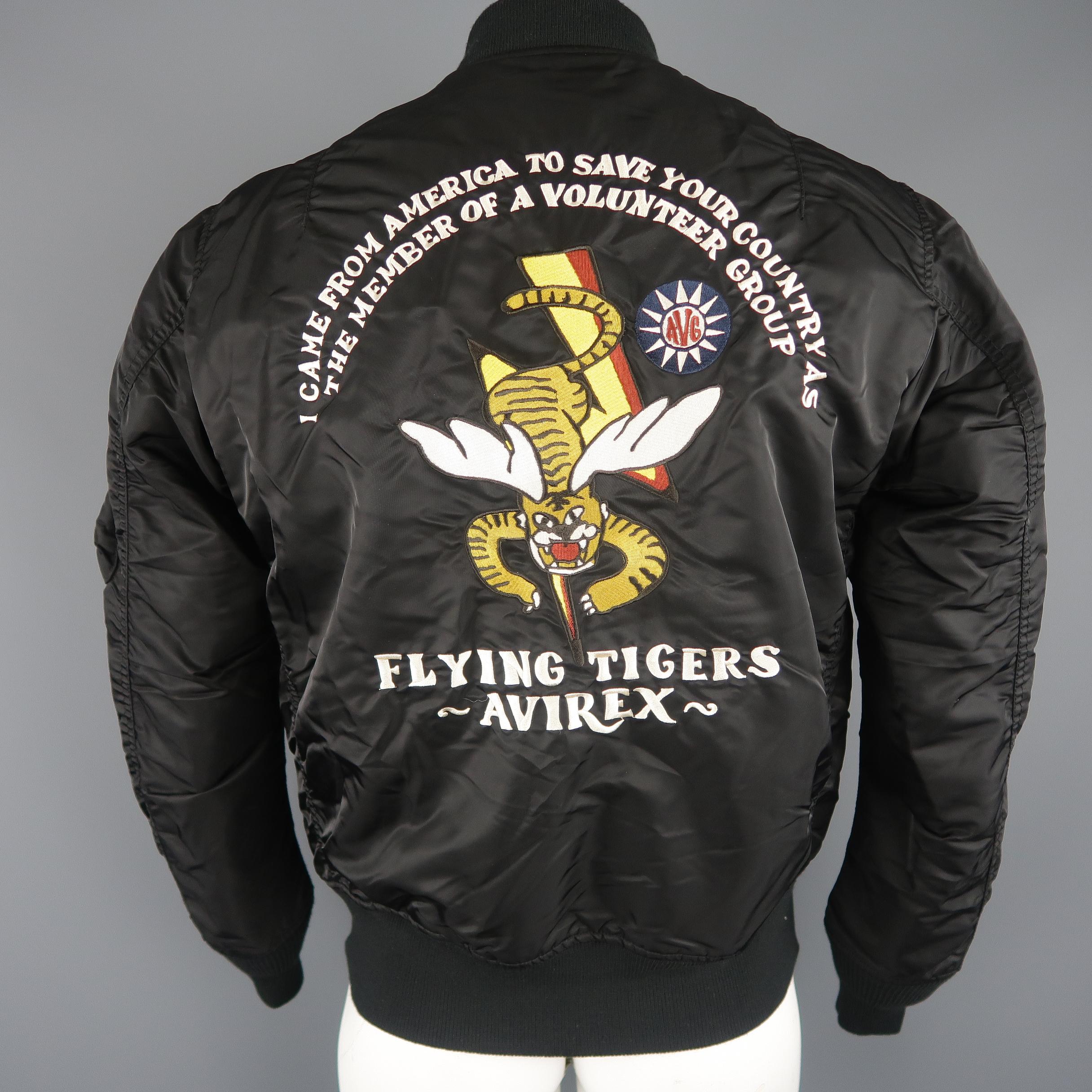 AVIREX Size XL Black Nylon Flying Tigers Patches Bomber Flight Jacket In Excellent Condition In San Francisco, CA