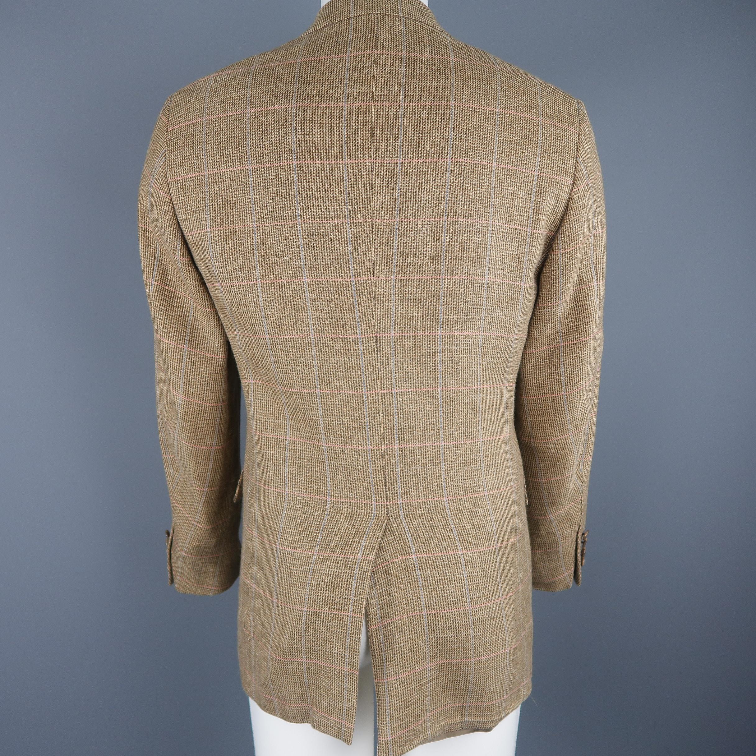 Brown RALPH LAUREN 38 Tan Pink & Blue Window Pane Silk / Wool Sport Coat