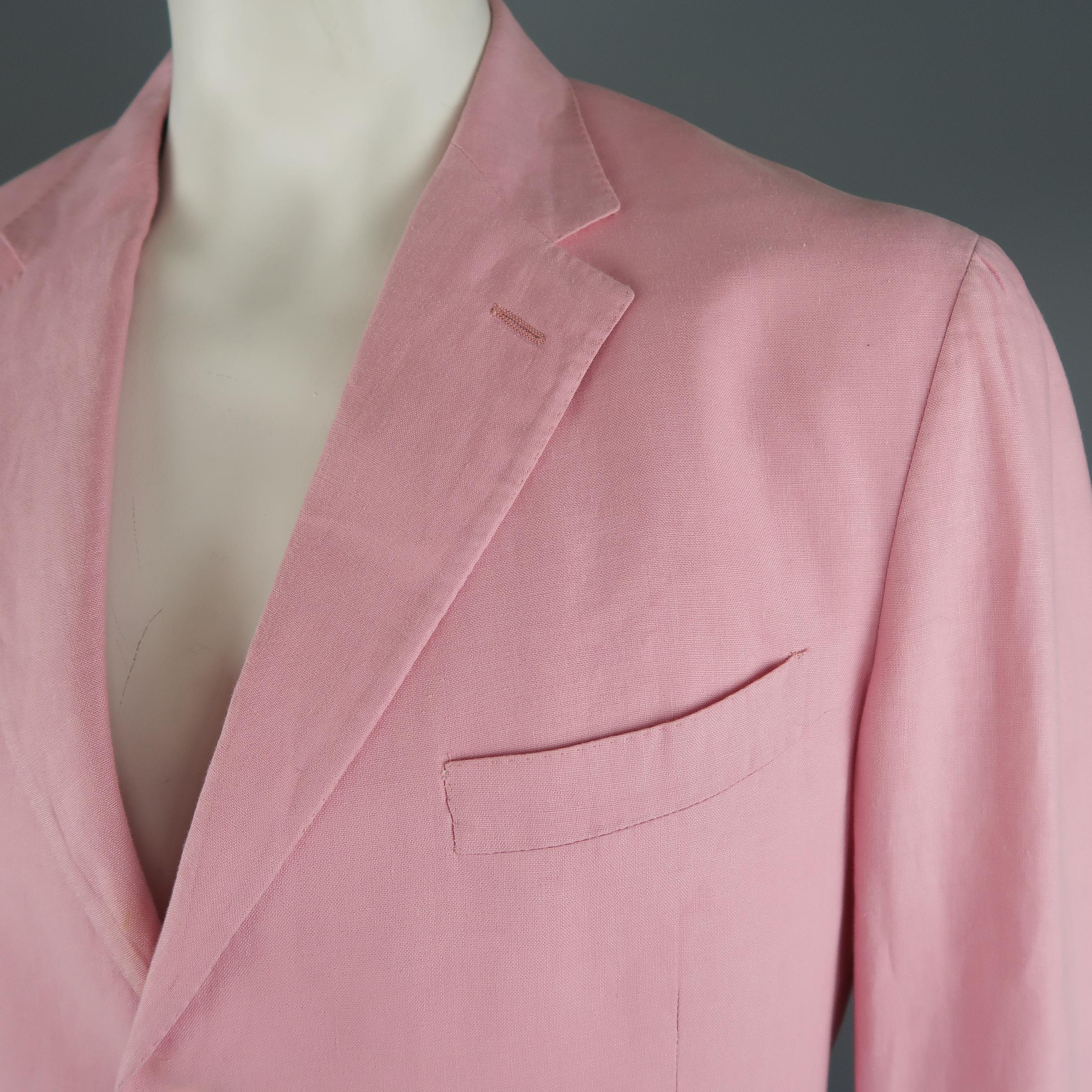 RALPH LAUREN PURPLE LABEL sport coat comes in pink linen with a notch lapel, three button, single breasted closure, and flap pockets. Discolorations throughout. As-is. Made in Italy.
 
Good Pre-Owned Condition.
Marked: 44
 
Measurements:
 
Shoulder: