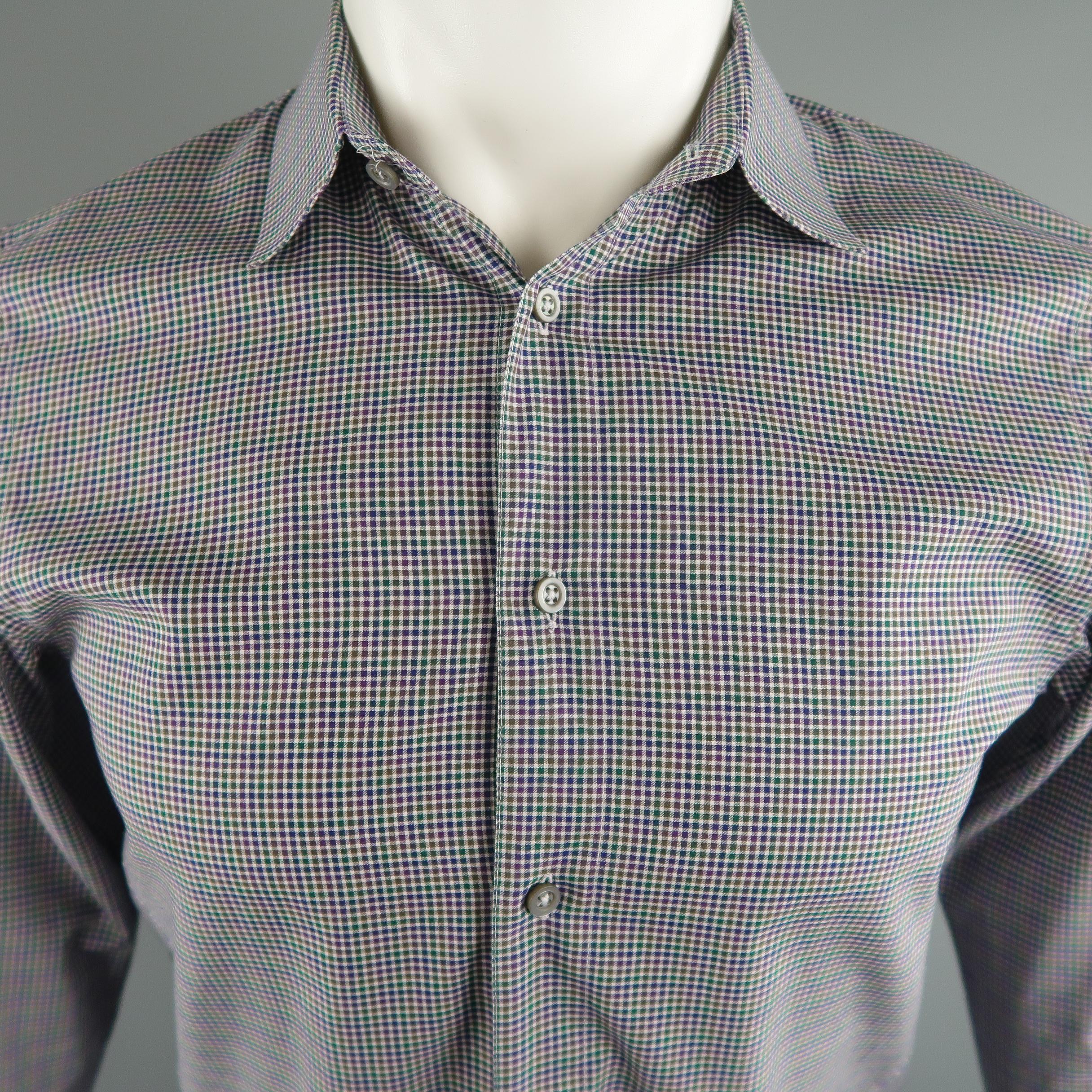 JIL SANDER long sleeve shirt comes in navy and green tones in checkered cotton material, button up. Made in Italy.
 
Excellent Pre-Owned Condition.
Marked: 38/15
 
Measurements:
 
Shoulder:  15  in.
Chest: 39  in.
Sleeve: 26  in.
Length:  28  in.