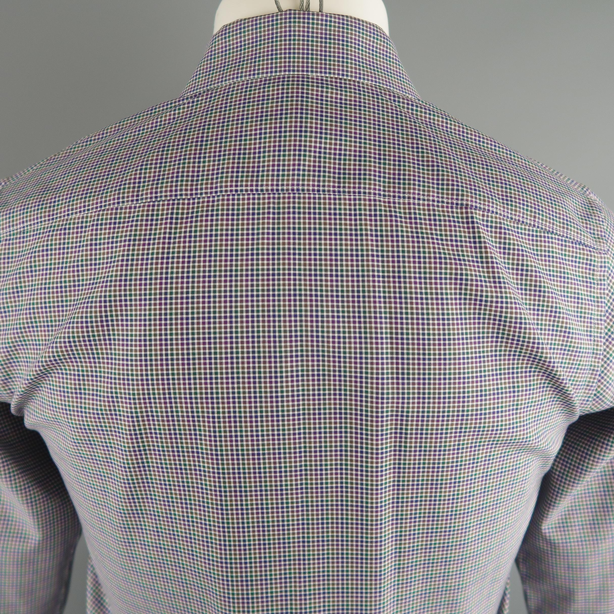Men's JIL SANDER Size S Navy & Green Checkered Cotton Long Sleeve Shirt