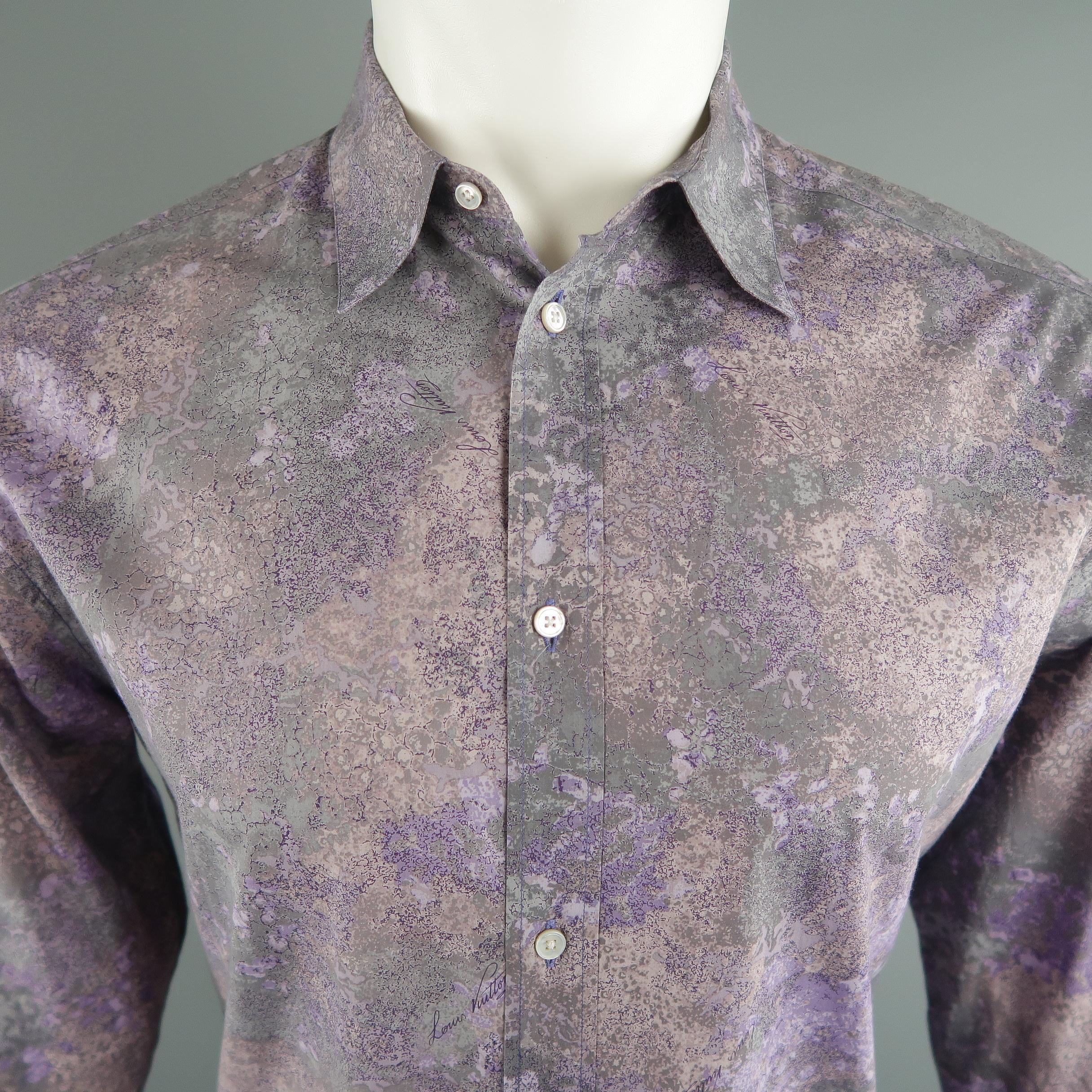 LOUIS VUITTON long sleeve shirt comes in purple tones in printed cotton material, button up. Made in France.
 
Excellent Pre-Owned Condition.
Marked: XL
 
Measurements:
 
Shoulder:  16.5  in.
Chest: 44  in.
Sleeve: 27  in.
Length:  30.5  in.