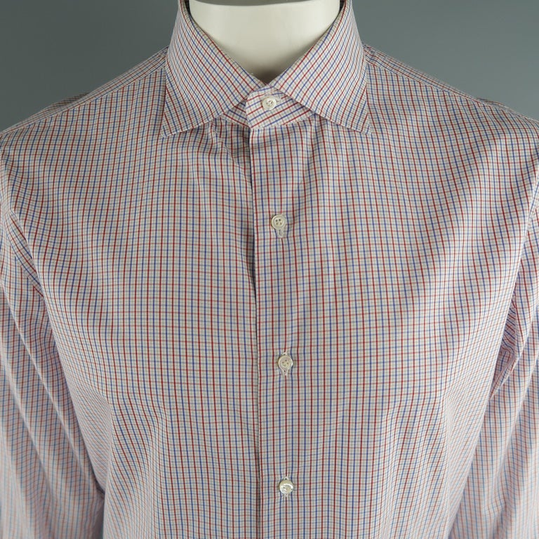 ISAIA Size XL Red White Blue Plaid Cotton Long Sleeve Shirt at 1stDibs