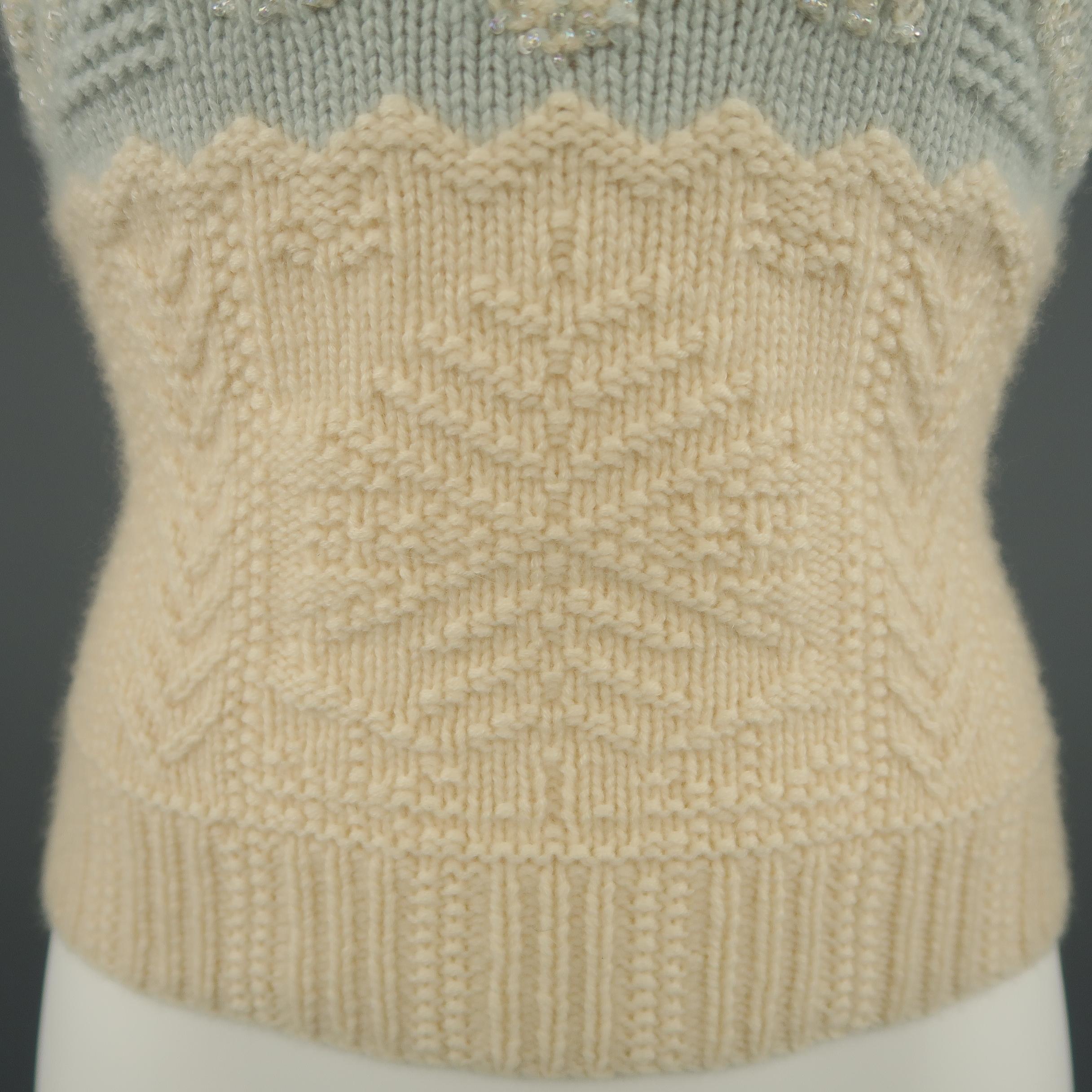 RALPH LAUREN Size M Cream & Blue Beaded Cashmere Knit Snowflake Tube Top In Excellent Condition In San Francisco, CA