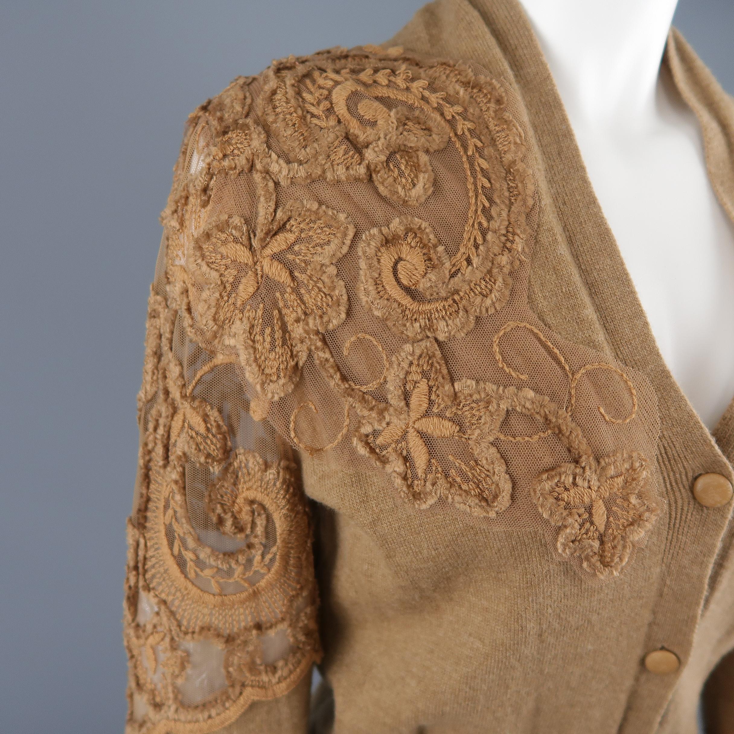 Brown ROBERTO CAVALLI Size 6 Tan Wool Asymmetrical Lace Panel Cardigan