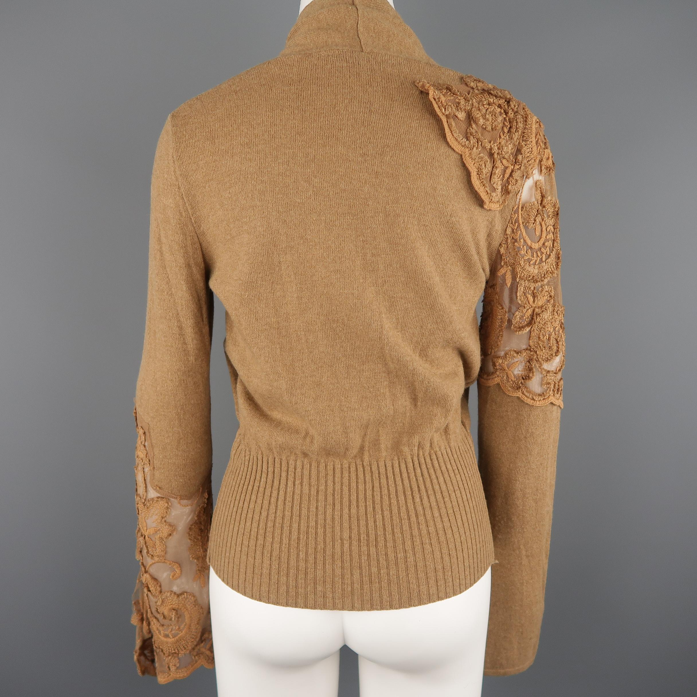 ROBERTO CAVALLI Size 6 Tan Wool Asymmetrical Lace Panel Cardigan 4