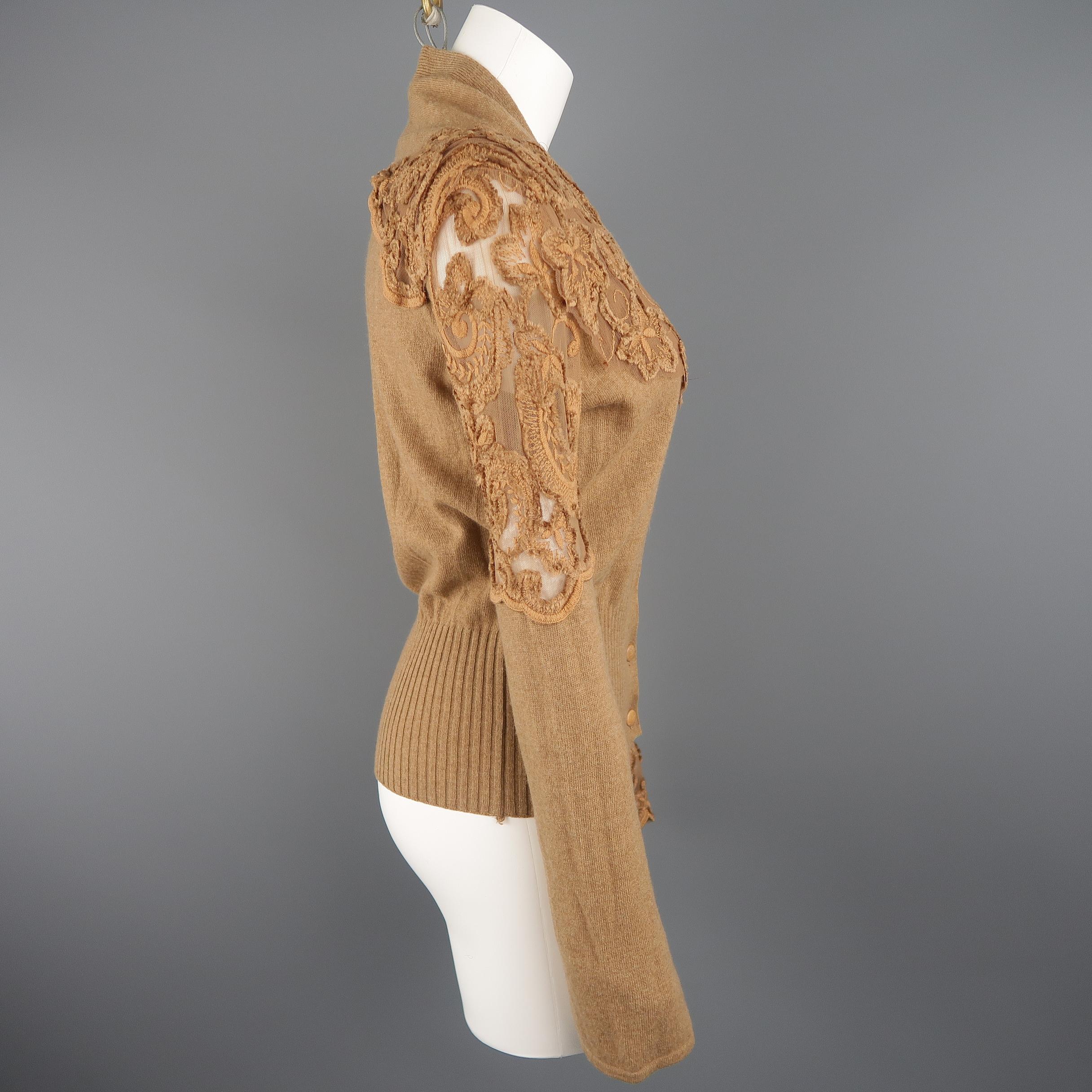 ROBERTO CAVALLI Size 6 Tan Wool Asymmetrical Lace Panel Cardigan 3