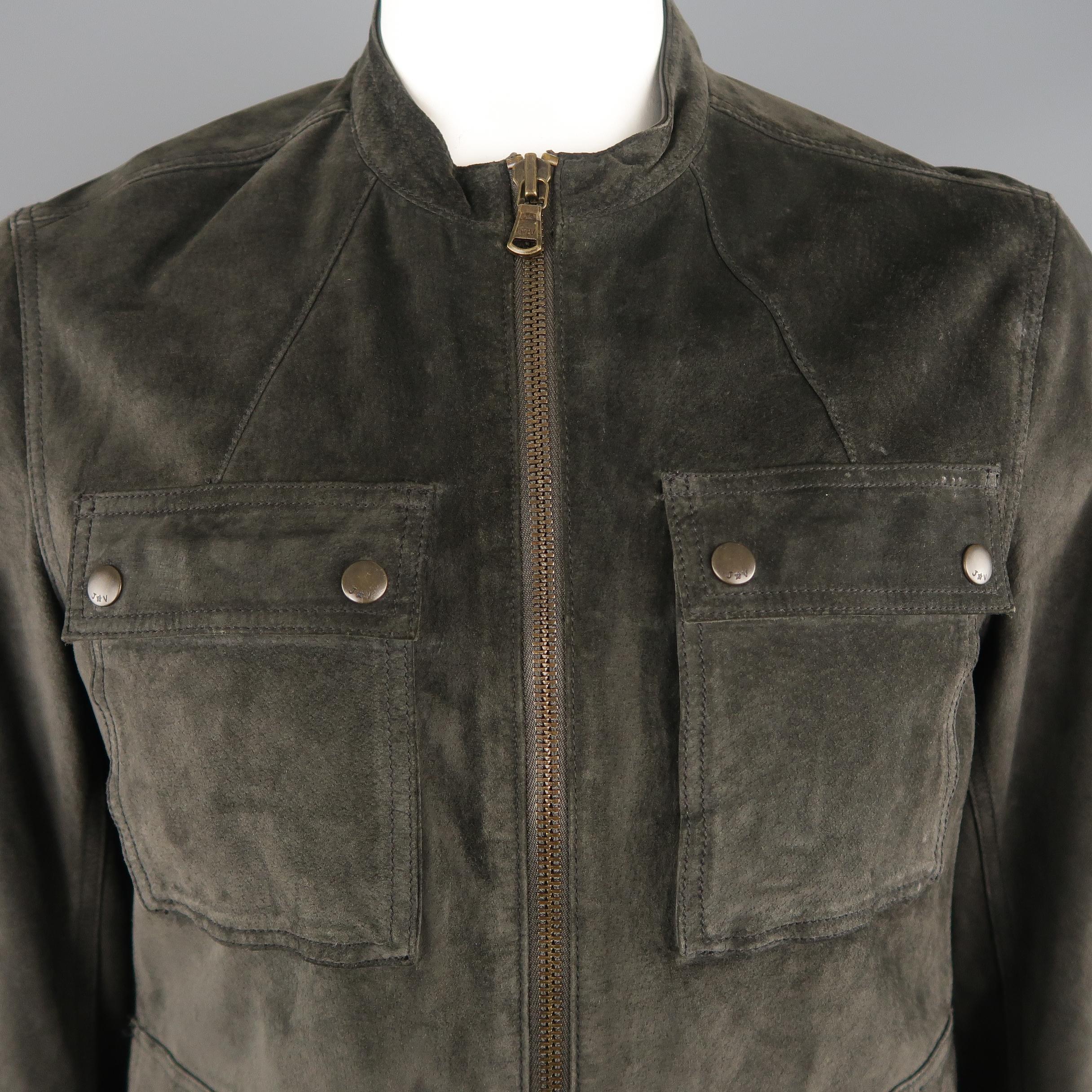 JOHN VARVATOS  jacket comes in charcoal tone in solid suede material, with front patch pockets, zip cuffs, zip up. Minor wear. Made in USA.
 
Excellent Pre-Owned Condition.
Marked: L
 
Measurements:
 
Shoulder:  17  in.
Chest: 45  in.
Sleeve: 26.5 