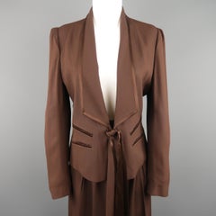 SONIA RYKIEL Size 8 Brown Crepe Satin Trim Tied Jacket Pants Suit