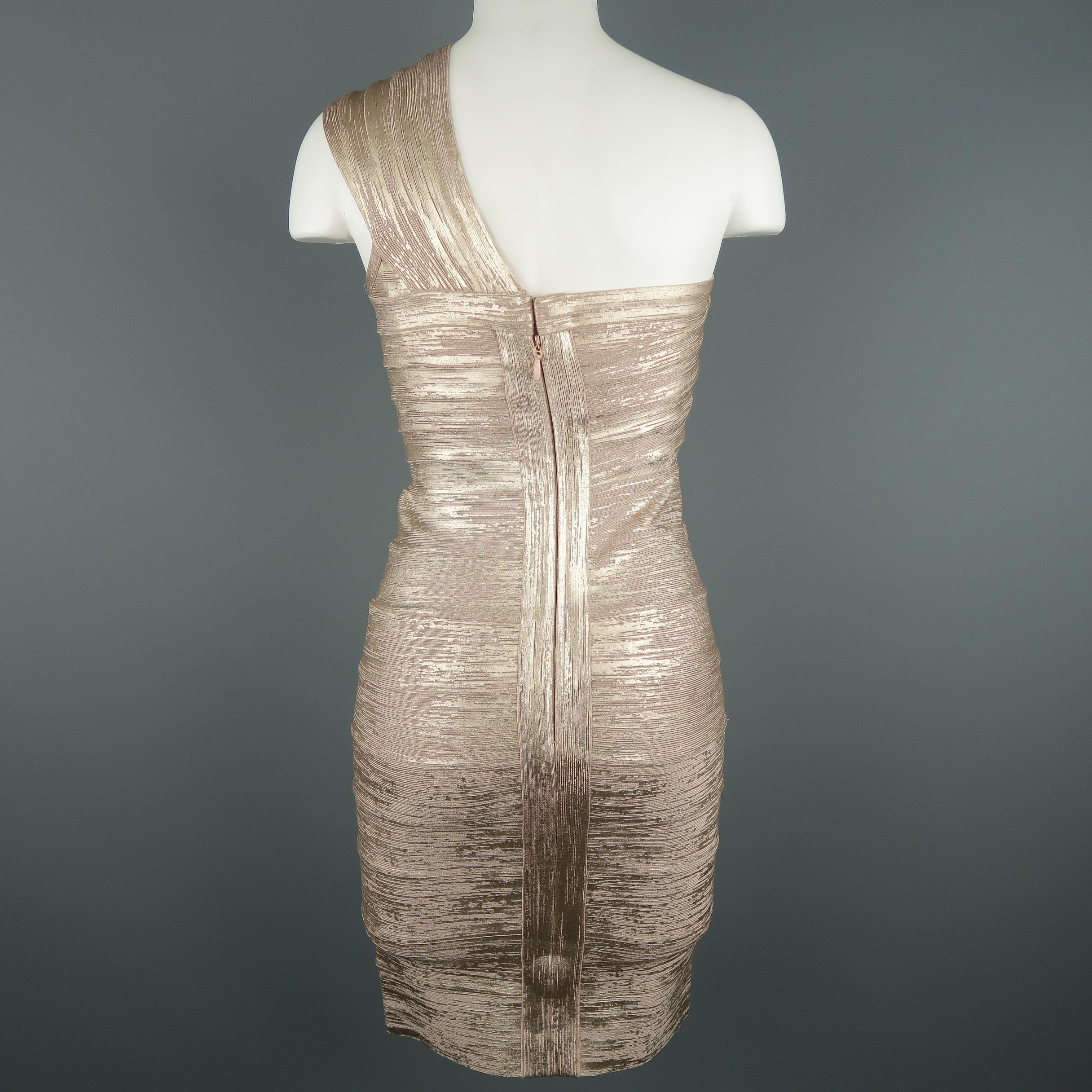 HERVE LEGER Size S Metallic Rosegold One Shoulder JOSEPHINE Cocktail Dress In Excellent Condition In San Francisco, CA