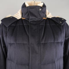 Men's LORO PIANA XL Navy Quilted Cashmere Detachable Fur Lined Hood Jacket