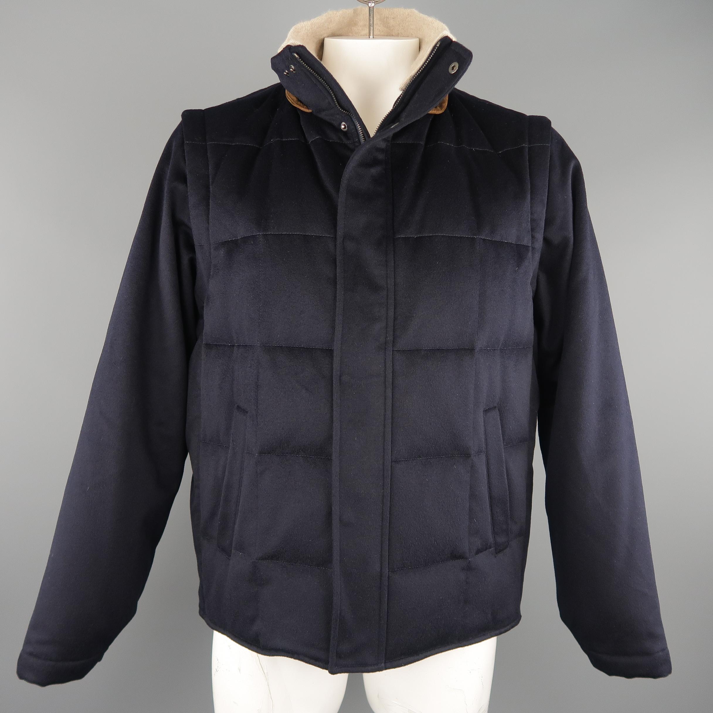 Men's LORO PIANA XL Navy Quilted Cashmere Detachable Fur Lined Hood Jacket 4