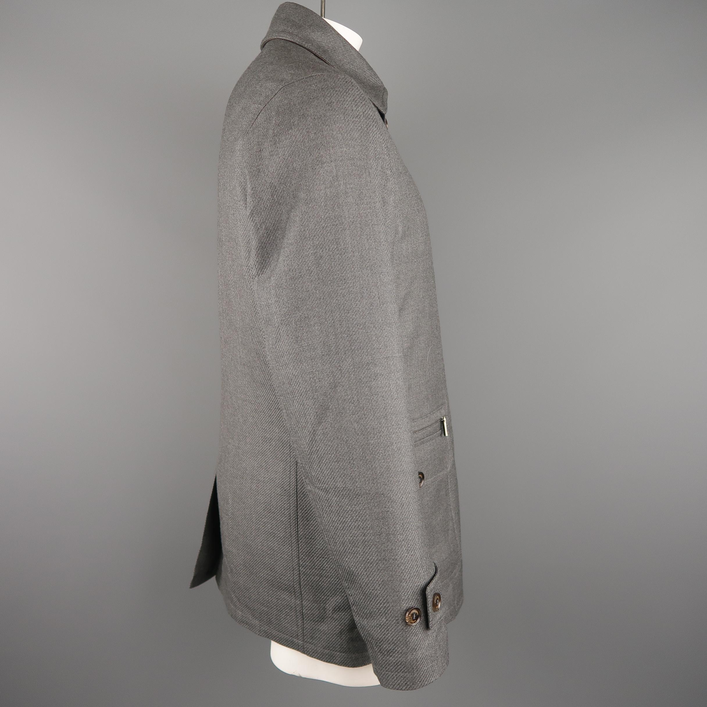 ERMENEGILDO ZEGNA L Gray Cashmere / Silk Collared Button Placket Car Coat 3